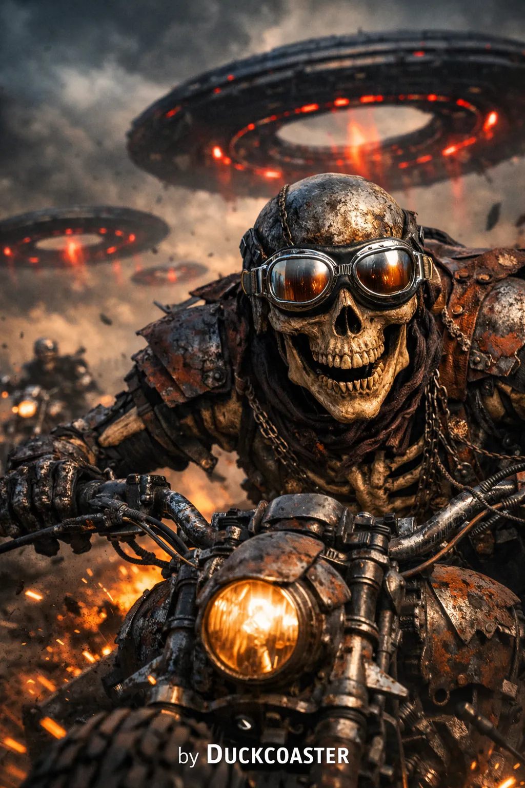 Dall E prompt | Skeletal Biker in an Apocalyptic Sci-Fi Wasteland