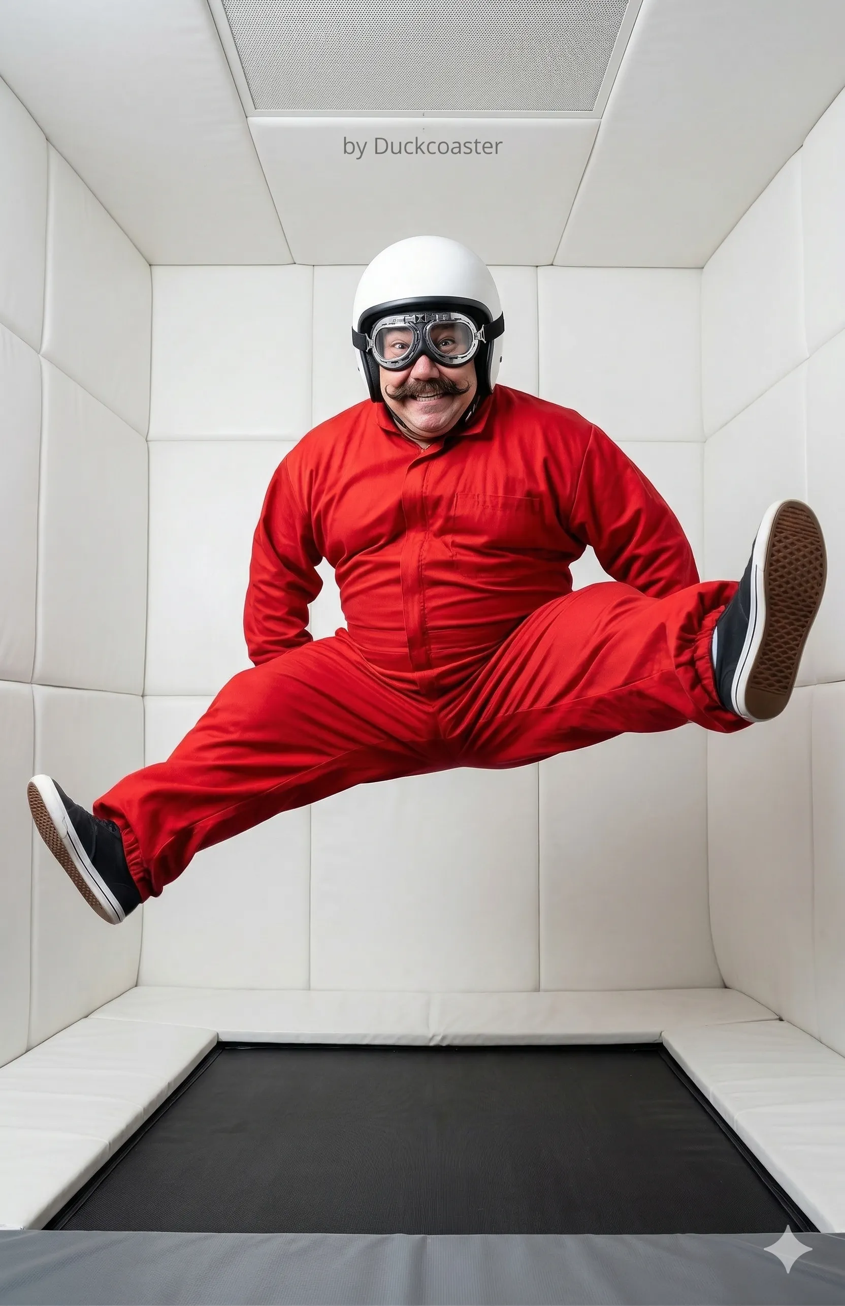 Nano Banana 2 prompt | A person in dynamic motion, exaggerated and comical pose, very loose jumpsuit-like clothing.