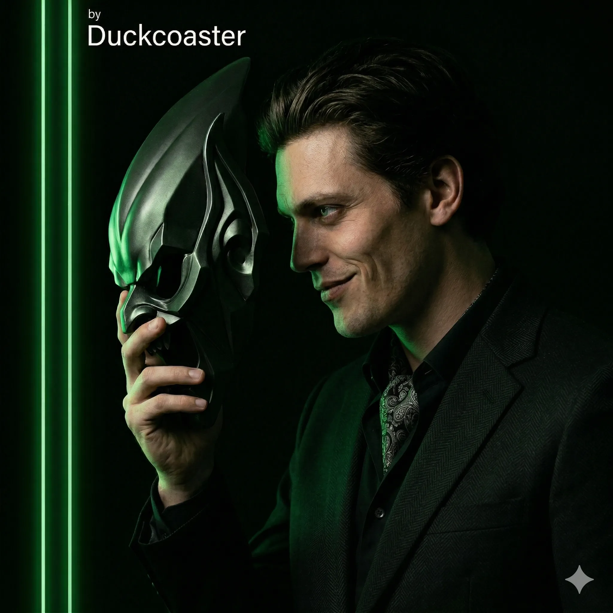 Nano Banana 2 prompt | Dual Identity Villain with Goblin Mask