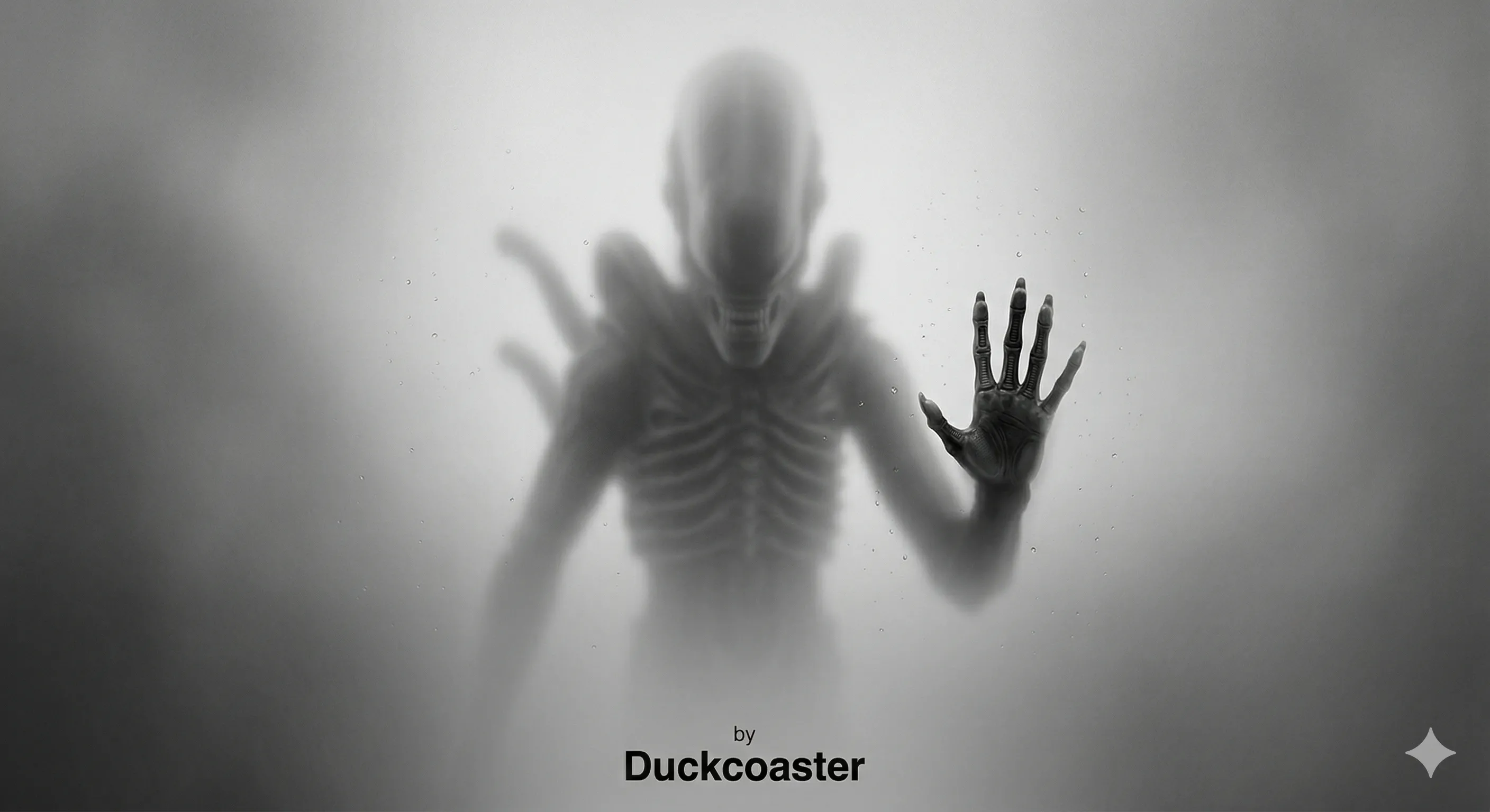 Nano Banana 2 prompt | A black and white photograph captures the soft, blurred silhouette of a Xenomorph behind a frosted or translucent surface.