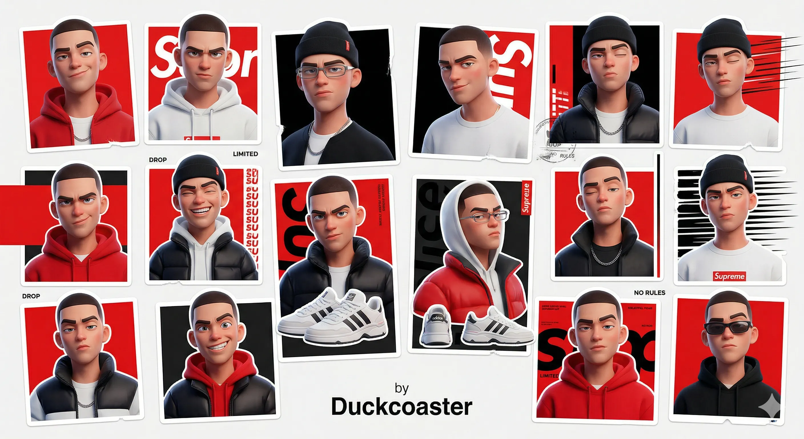 Nano Banana 2 prompt | 3D portrait stickers with a hyped streetwear aesthetic, a young man appears in multiple expressive variations, maintaining a consistent identity, confident, irreverent, and modern attitude.