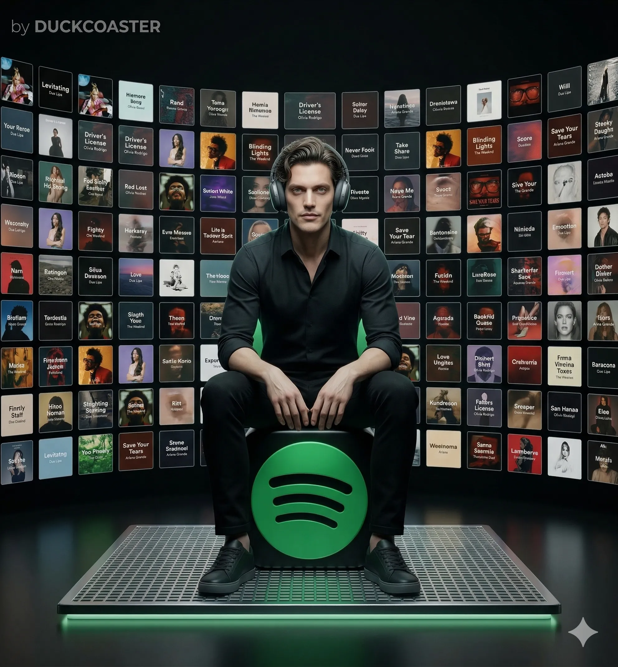 Nano Banana 2 prompt | Music Platform Portrait with Floating Song Panels