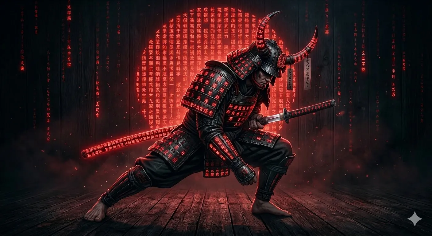 Nano Banana 2 prompt | Dark cyberpunk samurai warrior in a dramatic crouching iaijutsu stance, kneeling combat pose, right hand drawing a katana partially from its scabbard.