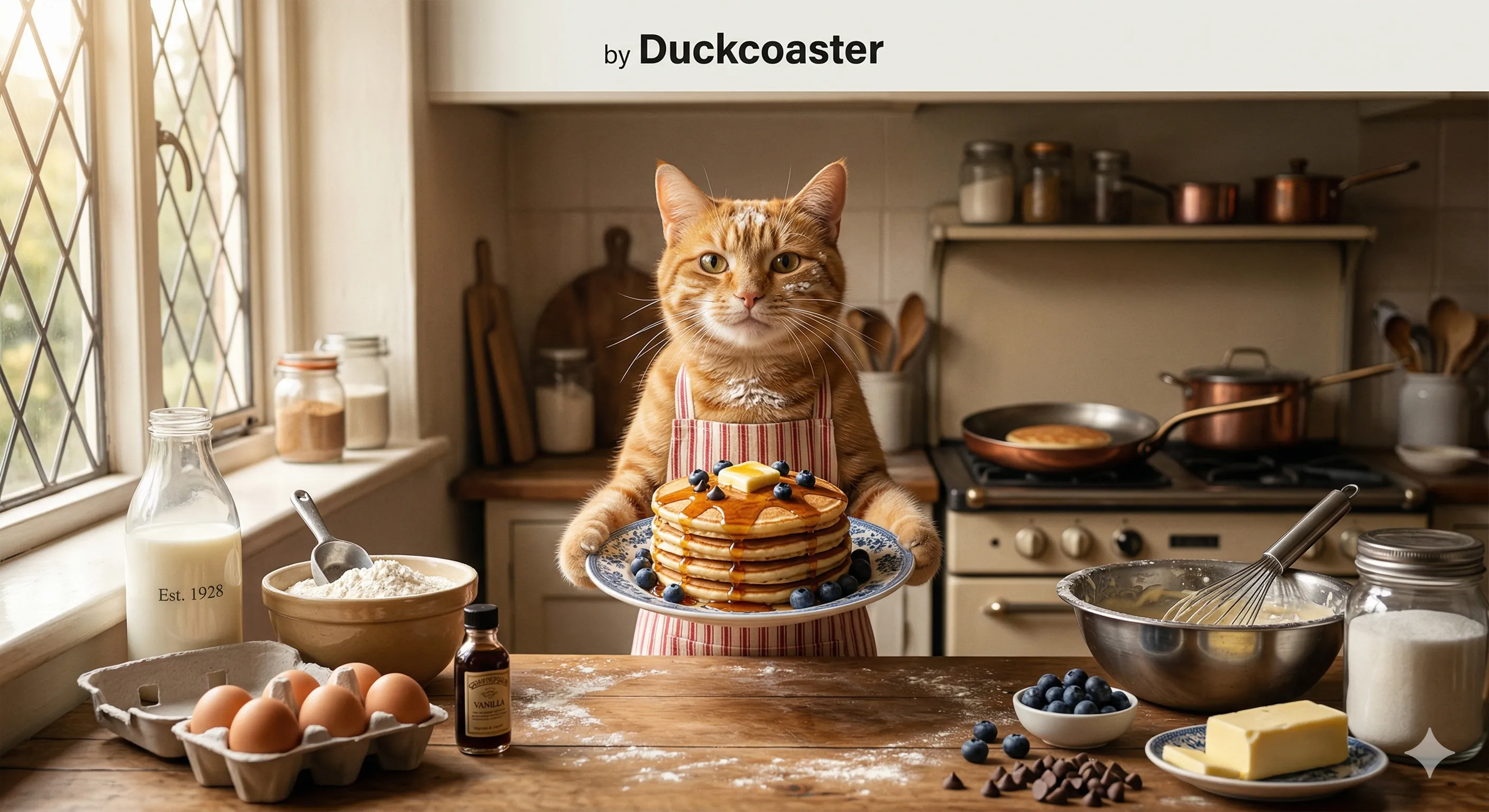 Nano Banana 2 prompt | Cozy Cat Chef Serving Hotcakes in Warm Kitchen