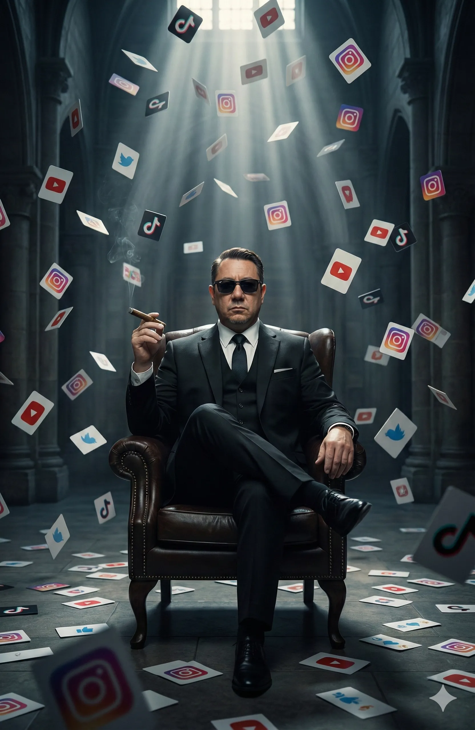 Nano Banana 2 prompt | A cinematic portrait, sitting in a armchair, wearing a sharp black three-piece suit with a white shirt and dark tie, hundreds of social media  reactions from tiktok, instagram youtube as cards float and swirl in mid-air around him