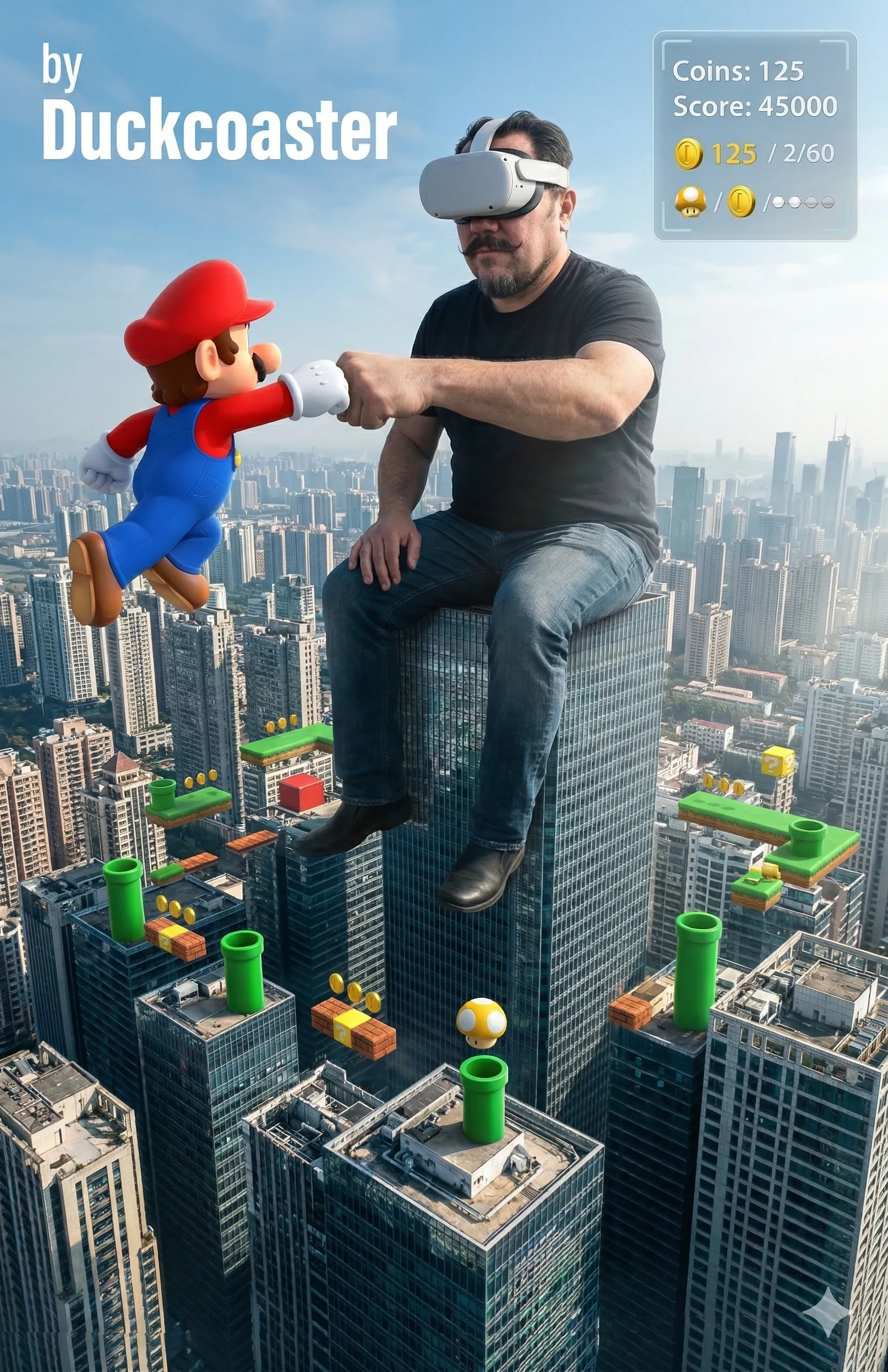 Nano Banana 2 prompt | Giant VR Human Meets Mario in Real-World Skyline