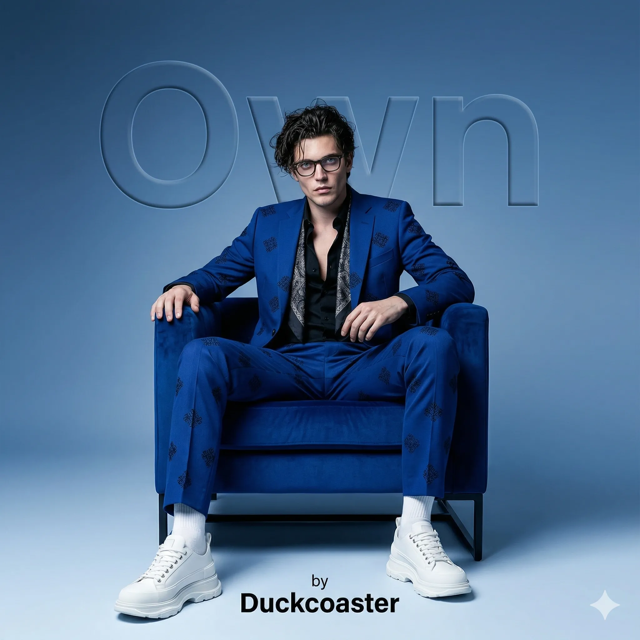 Nano Banana 2 prompt | A luxury fashion editorial featuring a handsome man, in a clean blue gradient background.