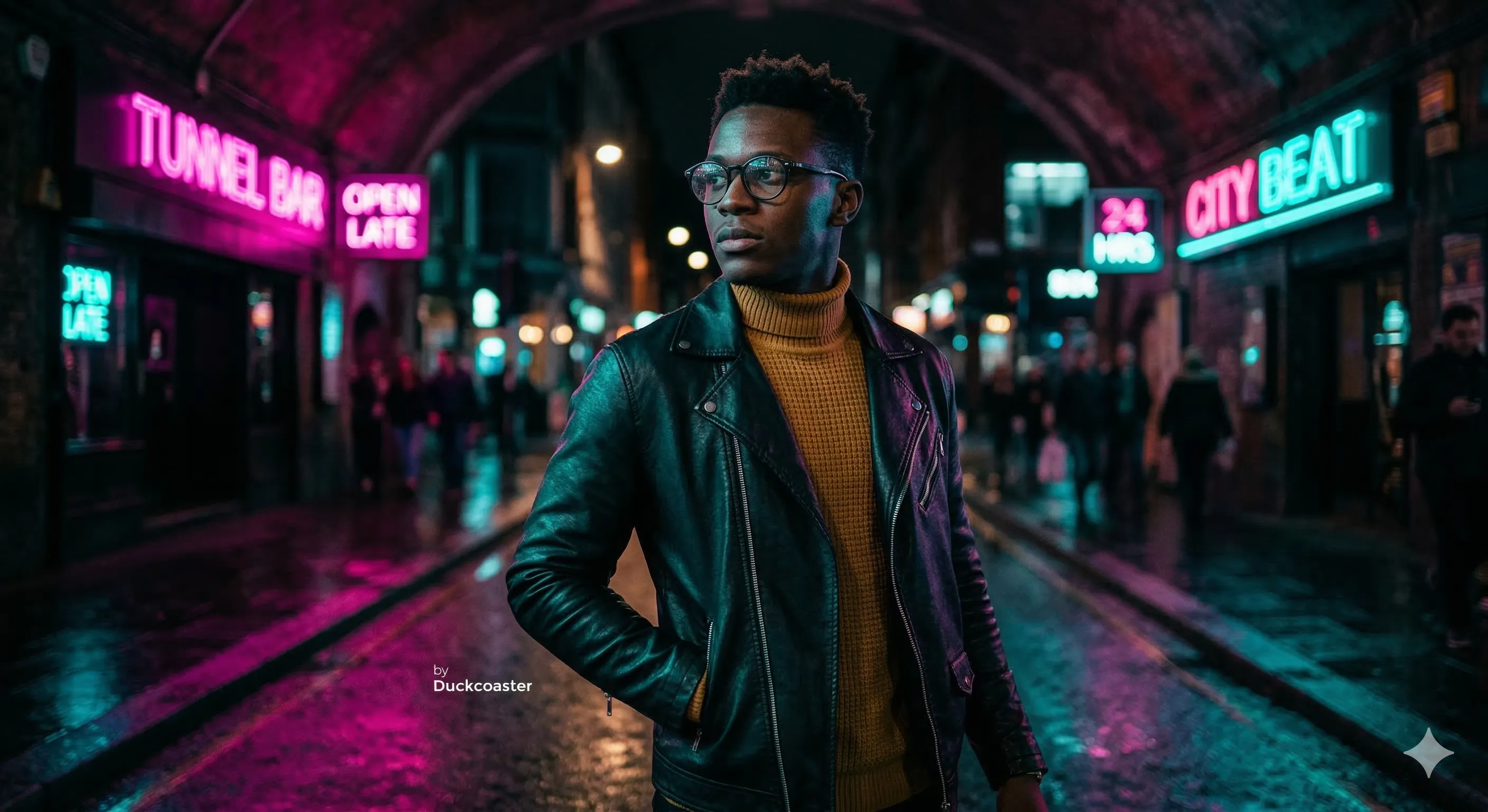 Nano Banana 2 prompt | Cinematic fashion portrait of a young man with glasses, standing under vibrant magenta and cyan neon lights in an urban tunnel.