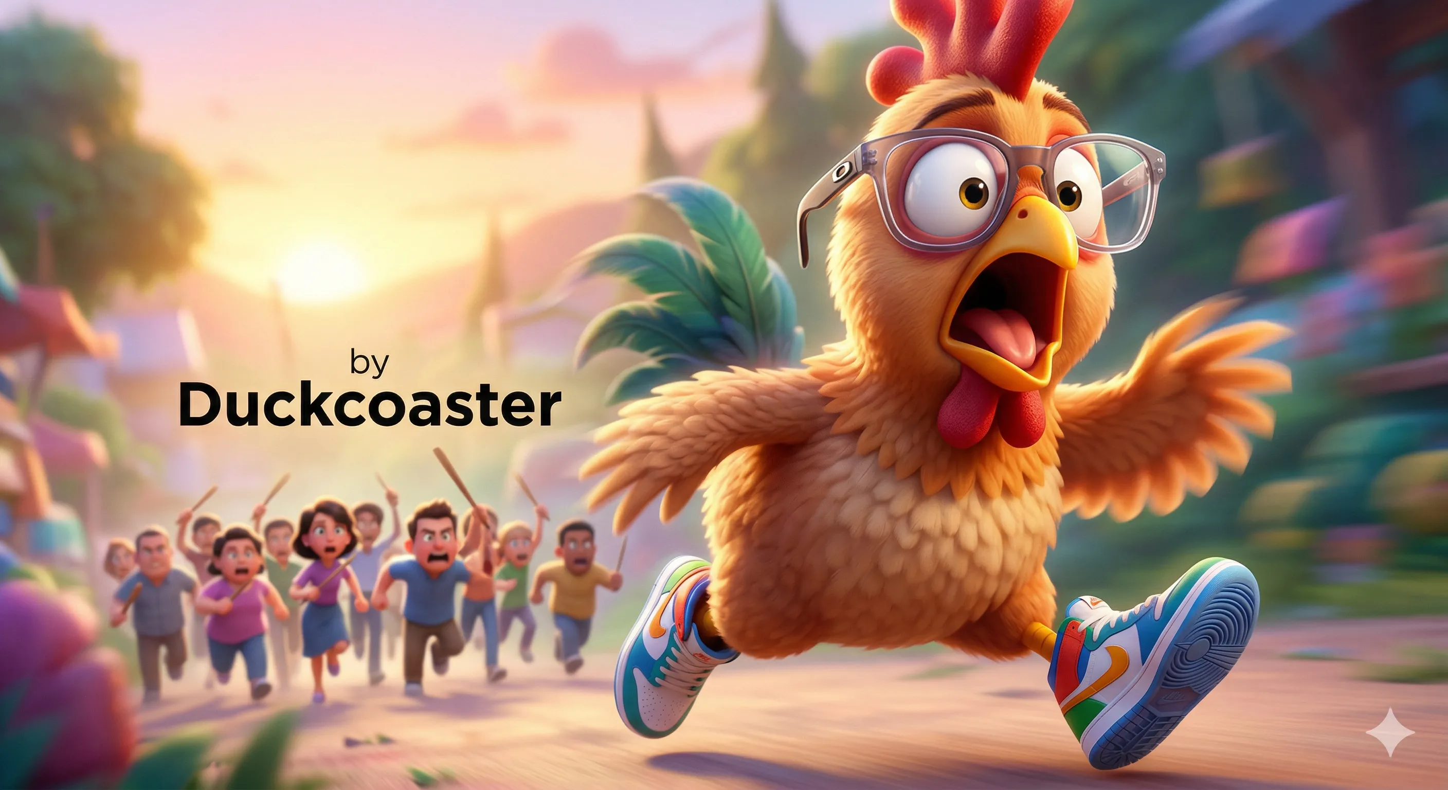 Nano Banana 2 prompt | Terrified Pixar Chicken Sprint in Chaotic Chase
