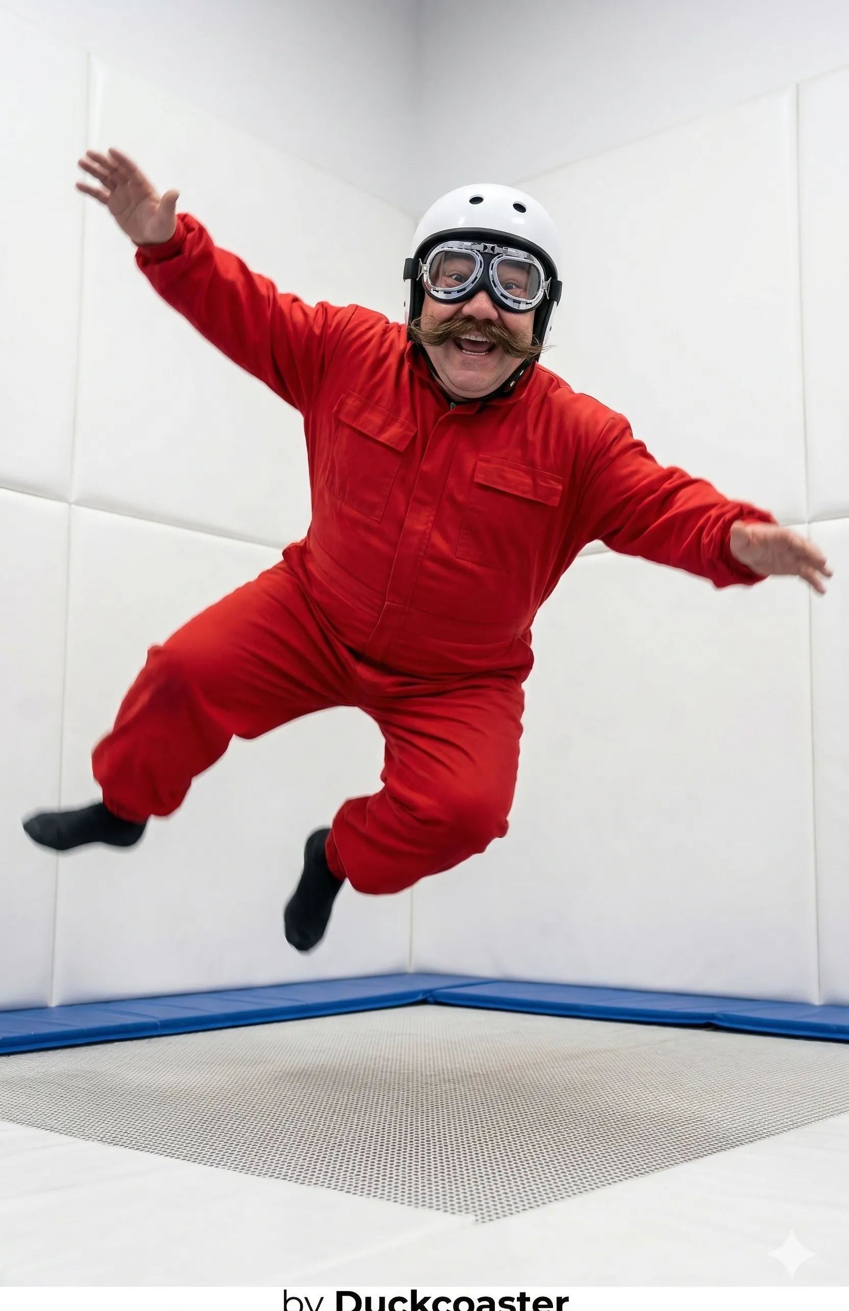 Nano Banana 2 prompt | A person in dynamic motion, exaggerated and comical pose, very loose jumpsuit-like clothing.