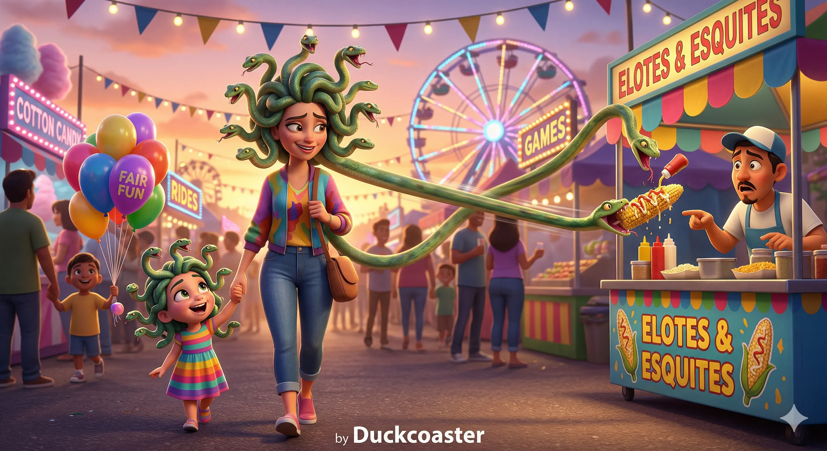 Nano Banana 2 prompt | Pixar-Style Medusa Family Chaos at the Fair
