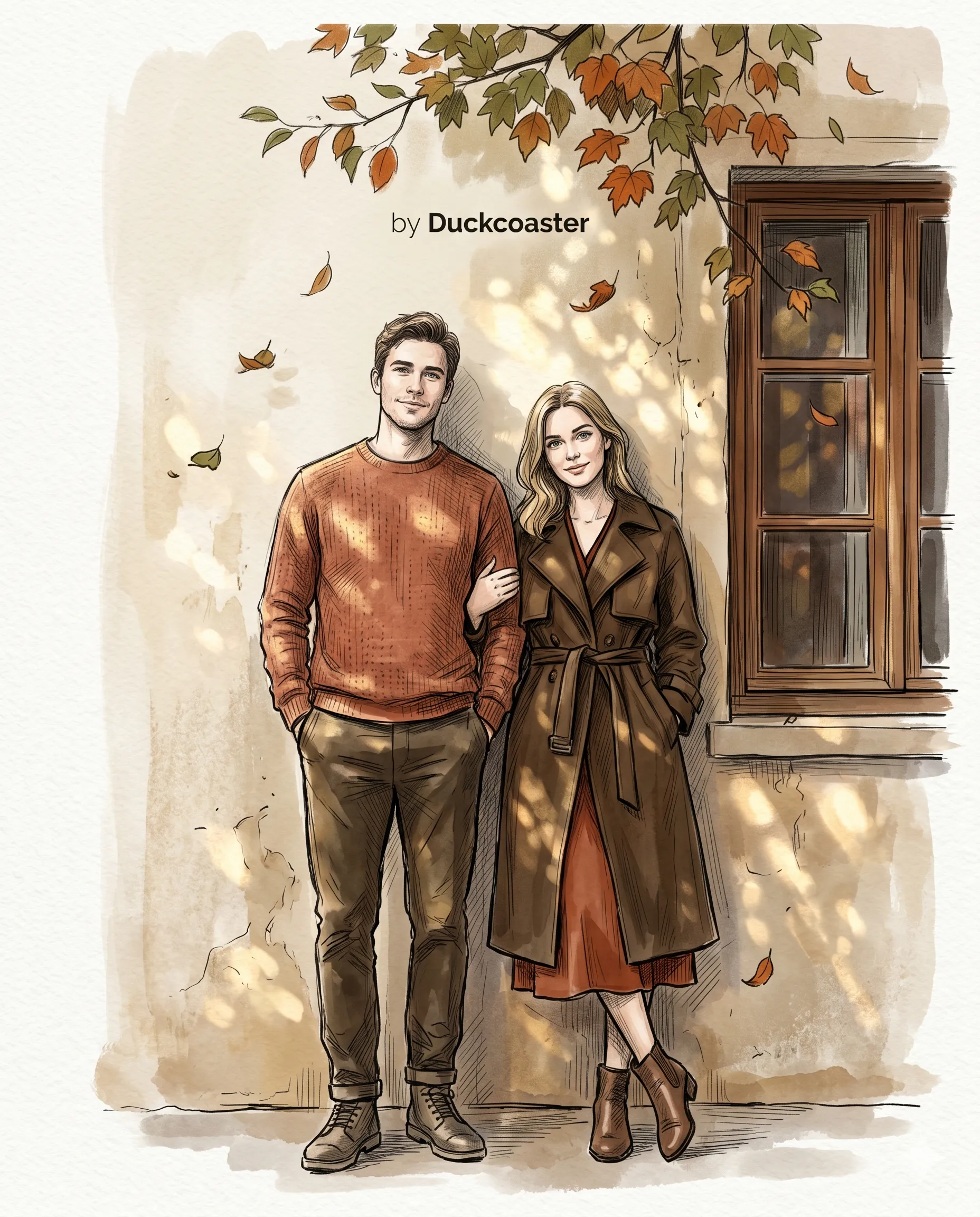 Nano Banana 2 prompt | Autumn Editorial Ink Portrait of a Couple