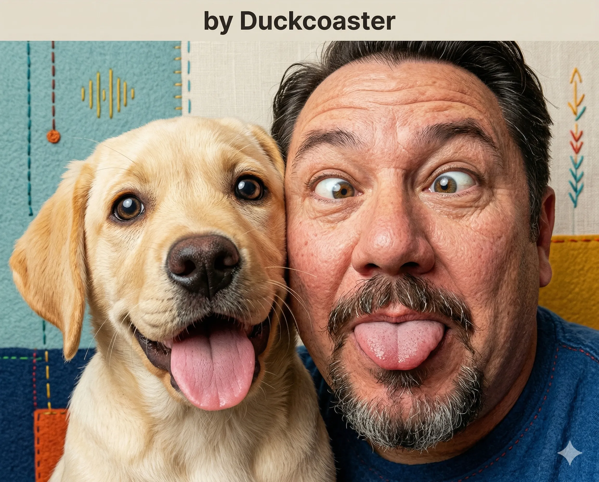 Nano Banana 2 prompt | Ultra-Close Felt Portrait with Playful Dog and Man.