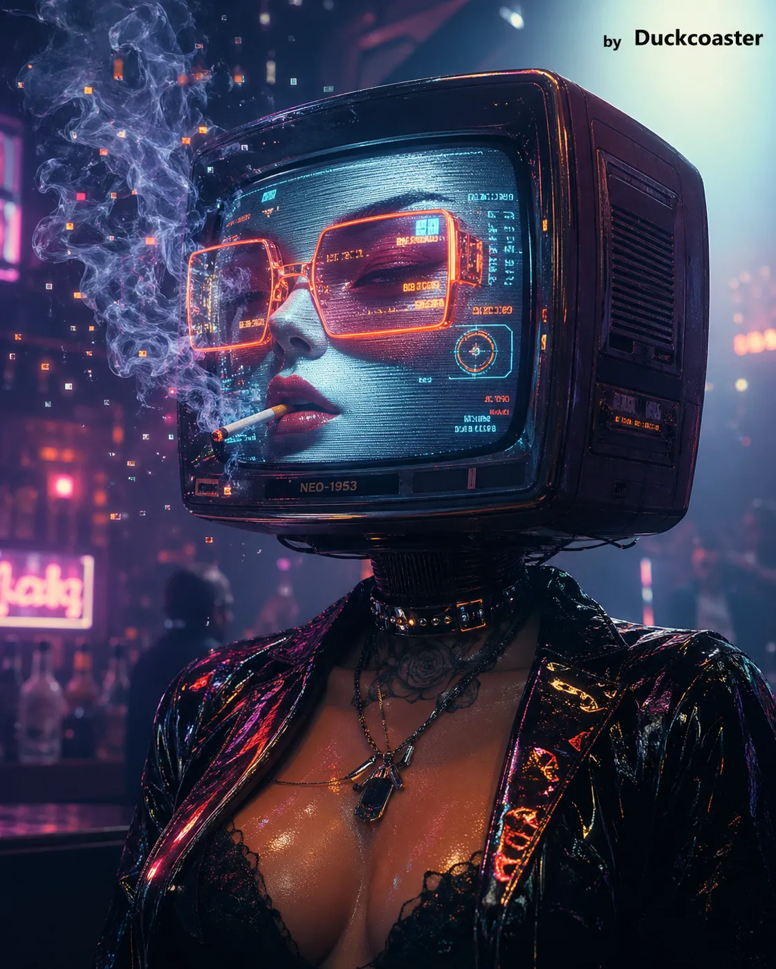 Dall E prompt | Neon Static: CRT Cyborg in a Holographic Bar