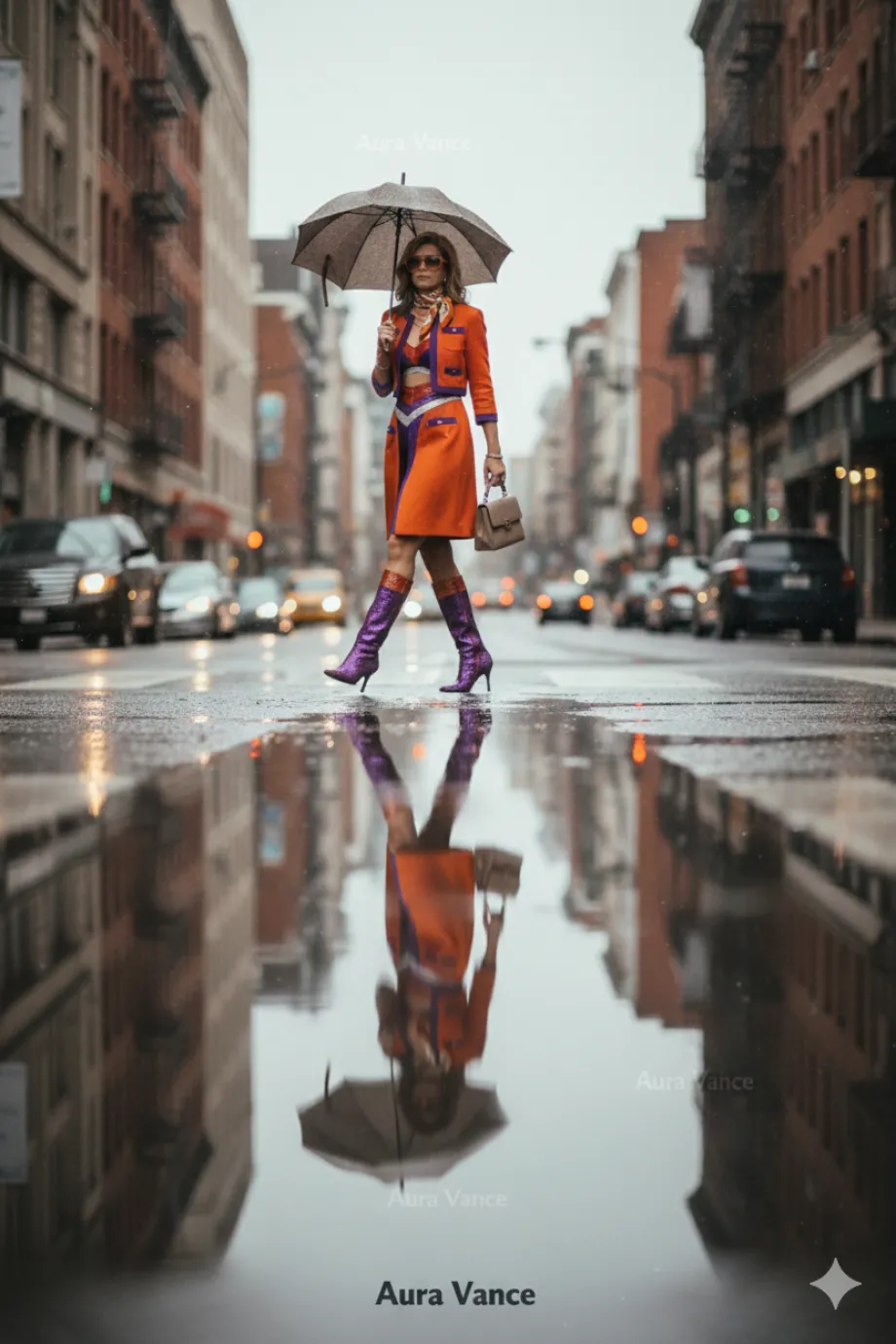 Nano Banana 2 prompt | A woman elegantly dressed is crossing the street, holding an umbrella in one hand and a fashion bag in the other.