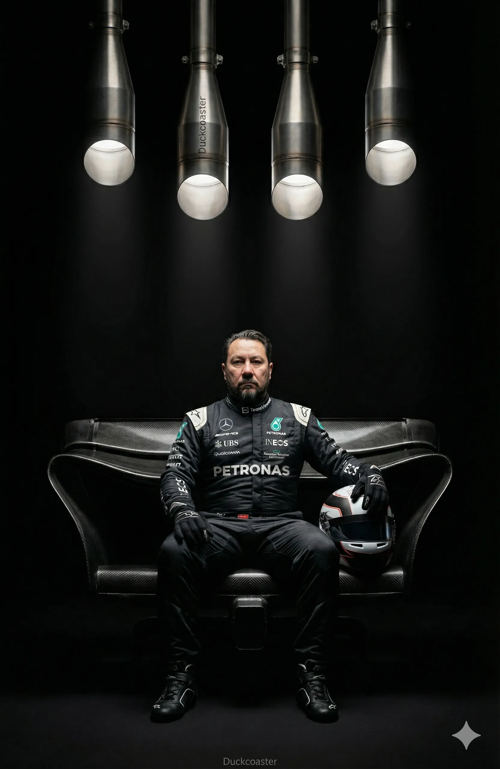 Nano Banana 2 prompt | Astronaut and Formula 1 driver photo studio with custom Lamps.