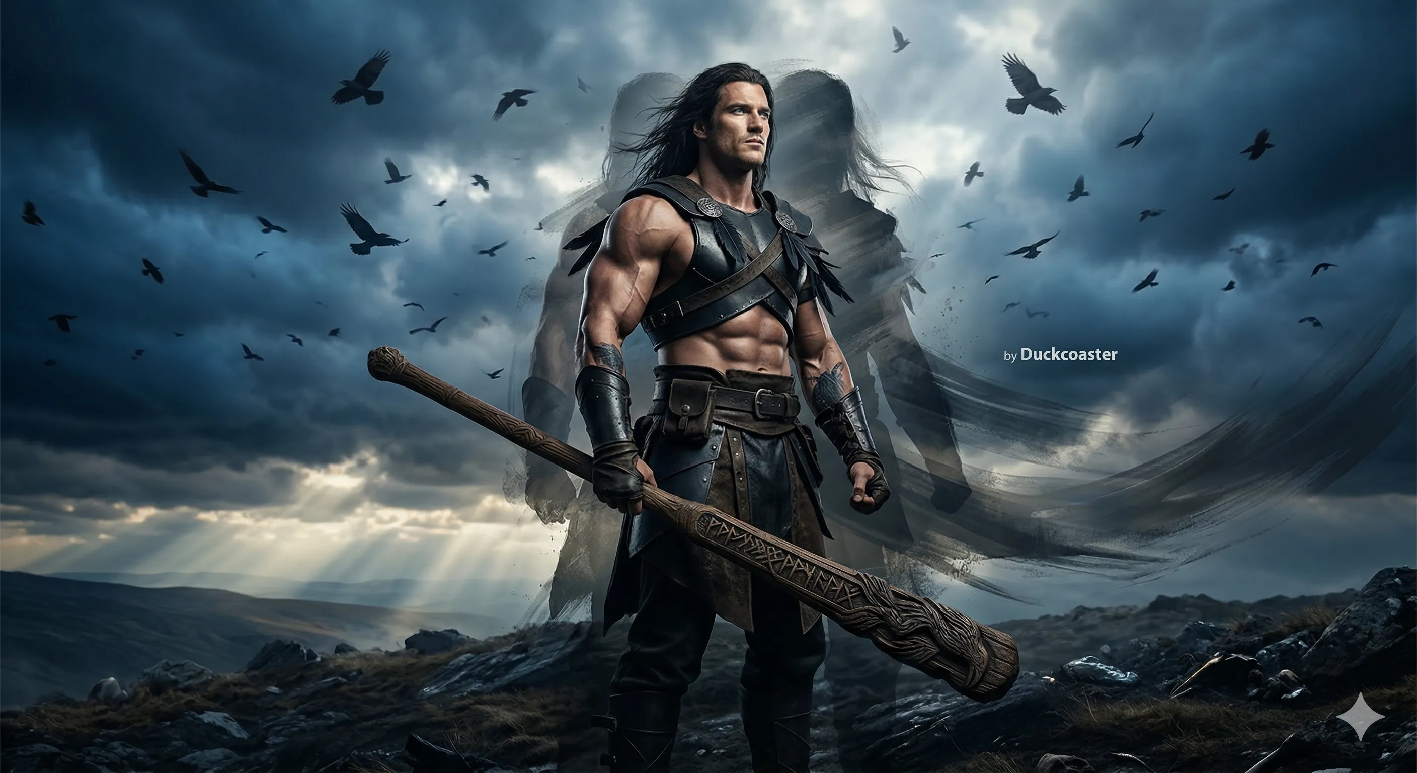 Nano Banana 2 prompt | Stormbound Warrior with Ravens and Dual Presence