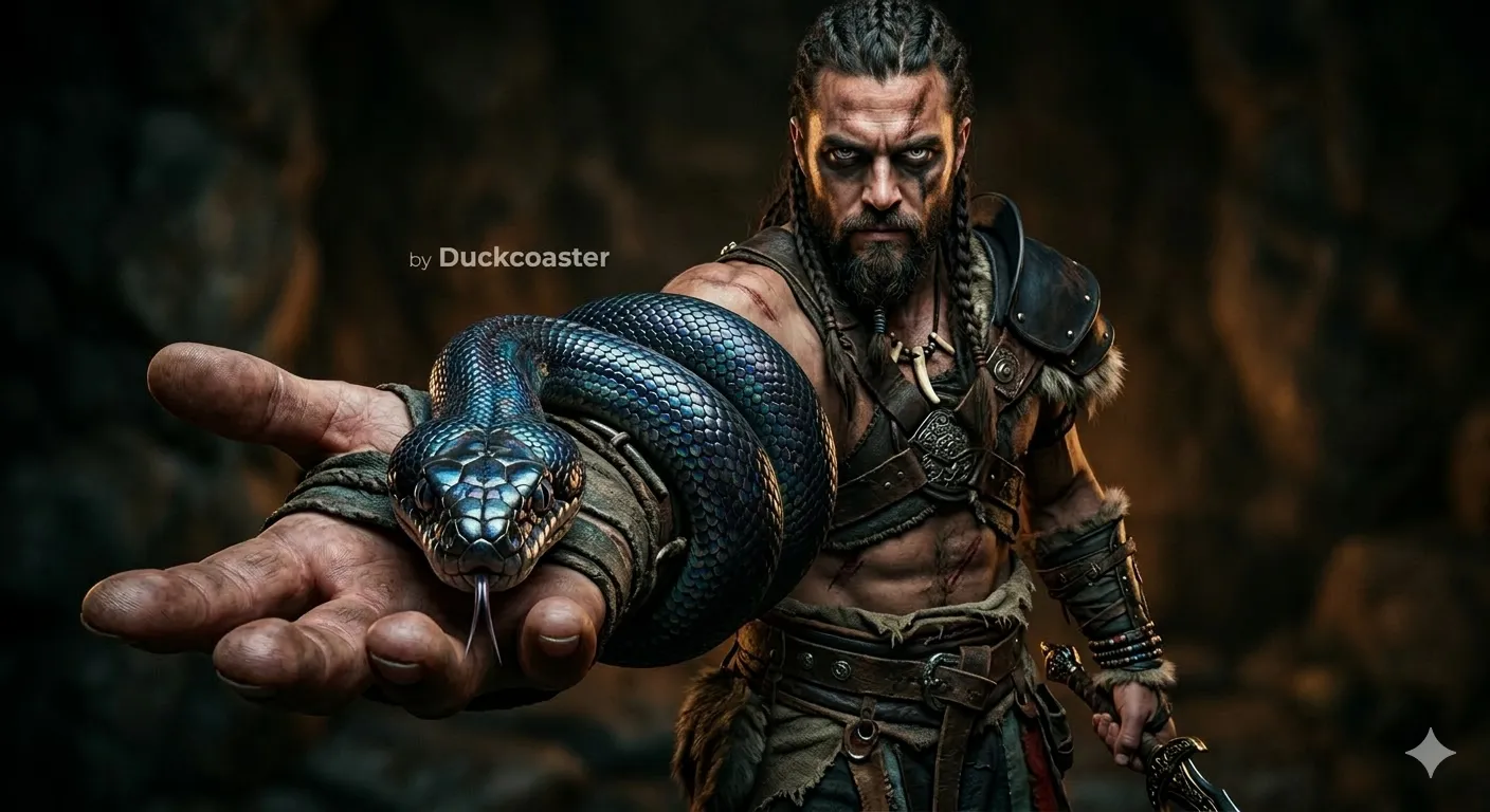 Nano Banana 2 prompt | Cinematic shot of a warrior holding his arm extended toward the camera, an iridescent dark snake coiled around his forearm, ultra realistic, sharp focus on snake head.
