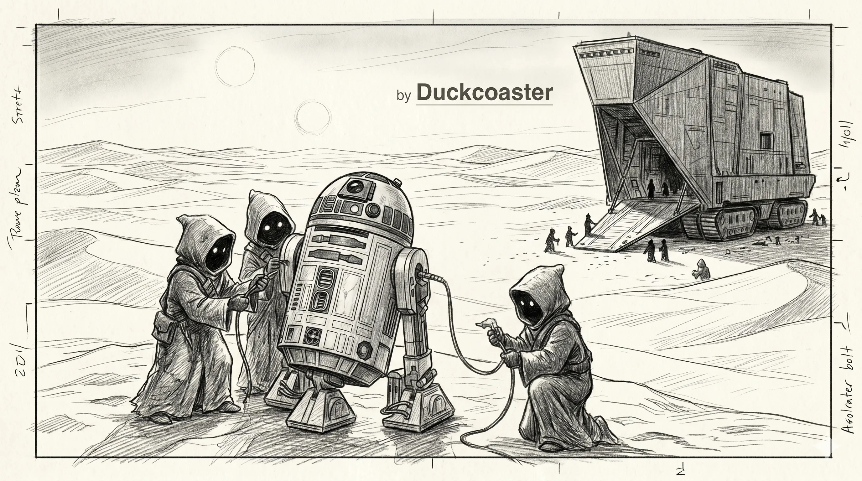 Nano Banana 2 prompt | Captured in the Dunes: R2 Unit Under Jawa Control