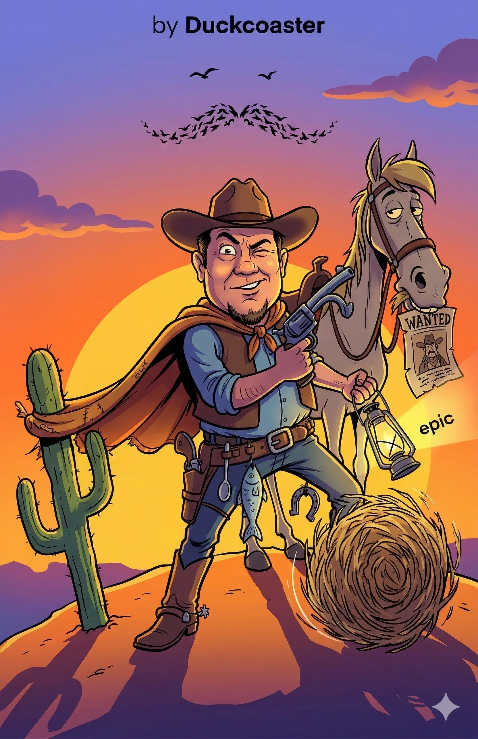 Nano Banana 2 prompt | An exaggerated cartoon illustration in a Lucky Luke-esque comic style.