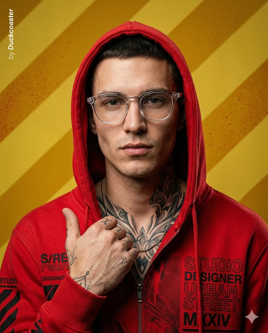 Nano Banana 2 prompt | Editorial portrait of a young man wearing a red designer hoodie with the hood up, modern streetwear aesthetic. Hoodie features bold graphic prints and refined textures in a clean contemporary style.