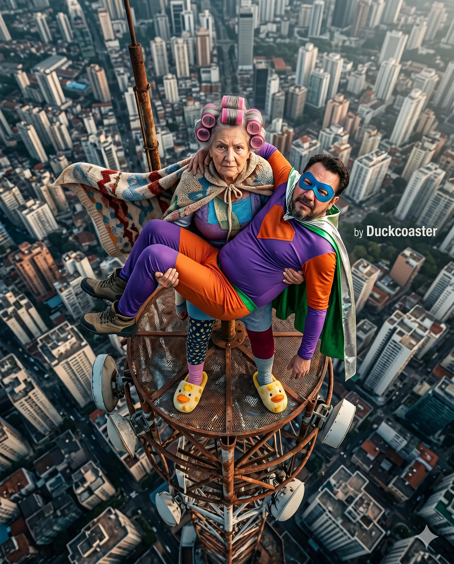 Nano Banana 2 prompt | Sky High Rescue: El Héroe Inútil Gets Carried Again