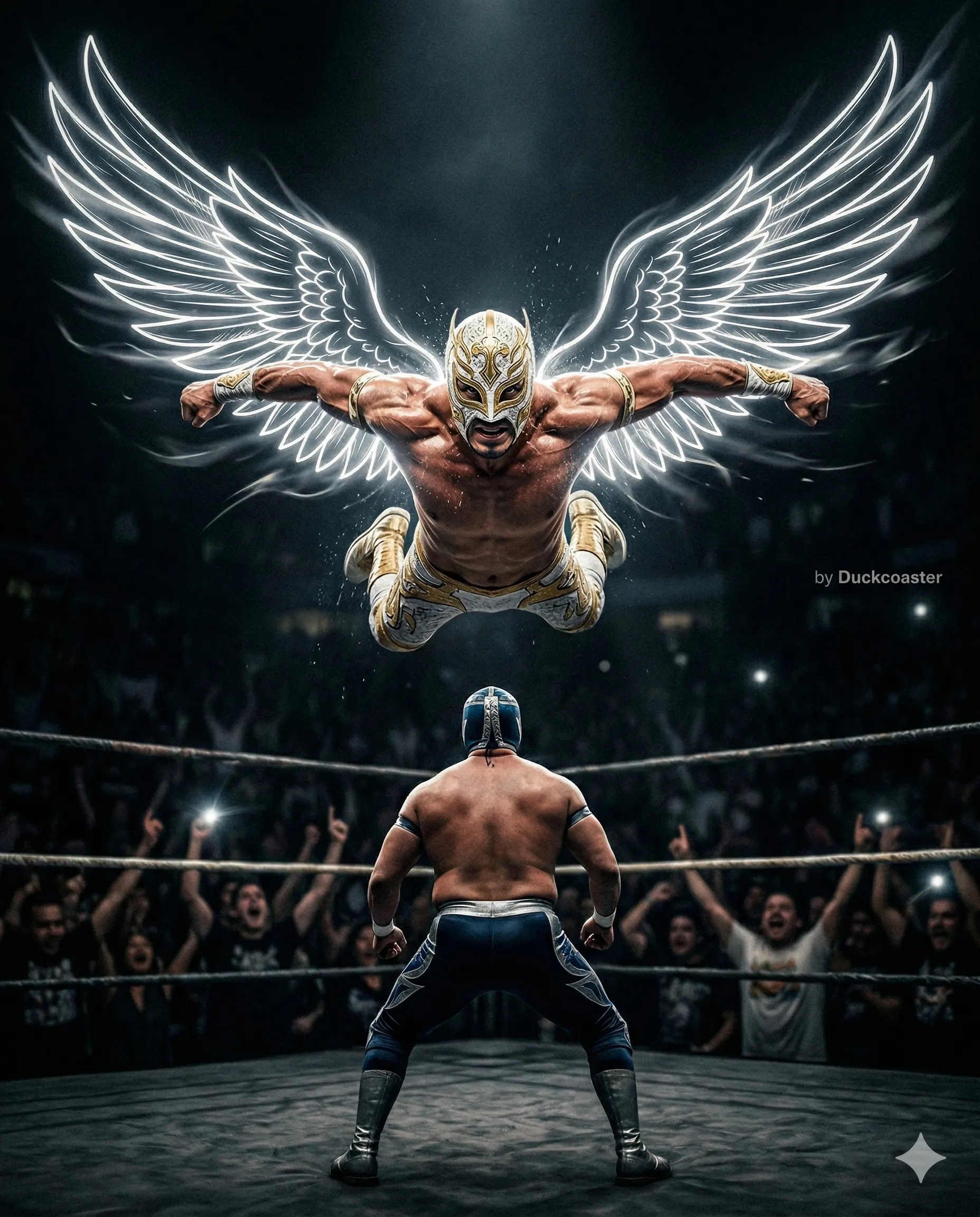 Nano Banana 2 prompt | Winged Lucha Libre Leap in Cinematic Impact