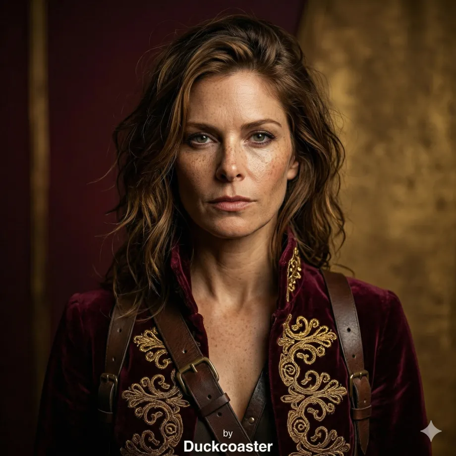 Nano Banana 2 prompt | Editorial portrait velvet coat with asymmetric gold embroidery and real leather straps