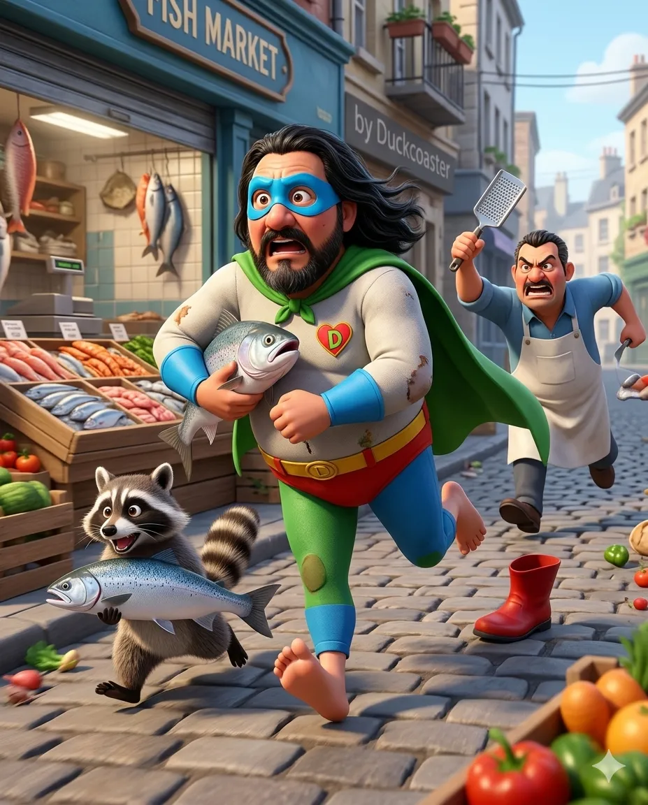 Nano Banana 2 prompt | The Great Fish Heist: Superhero & Raccoon Chase Chaos