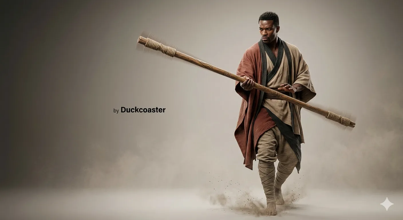 Nano Banana 2 prompt | Warrior portrait, powerful male figure stepping forward, manipulating a long wooden staff, detailed fabric textures, studio background with soft atmospheric gradient in neutral tones.