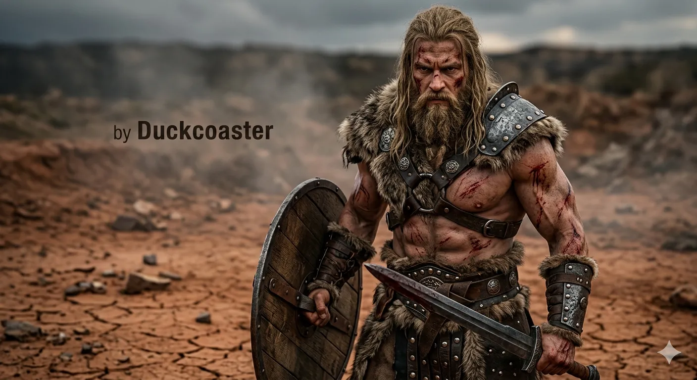 Nano Banana 2 prompt | Cinematic portrait of a barbarian warrior standing ready for battle. He has a leather armor adorned with metallic studs and straps. He holds a round wooden shield in his hand.