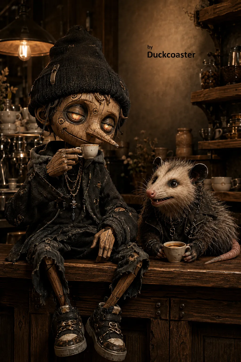 Dall E prompt | Gothic Wooden Puppet & Opossum Café Moment