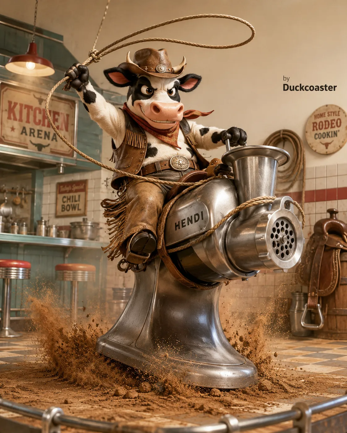 Dall E prompt | Cowboy Cow Rodeo: Taming the Mechanical Mincer Beast