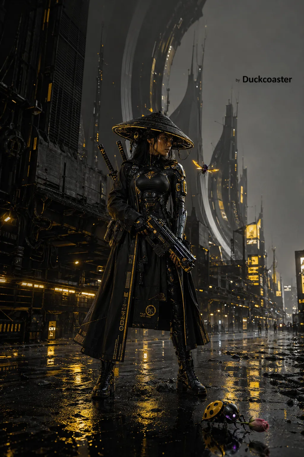 Dall E prompt | Canary Rain: Cyberpunk Warrior of the Bent Skyline