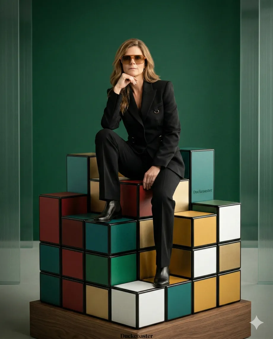Nano Banana 2 prompt | Elegant woman seated on a 6x6 Rubik's Cube reinterpreted as a monumental architectural sculpture.