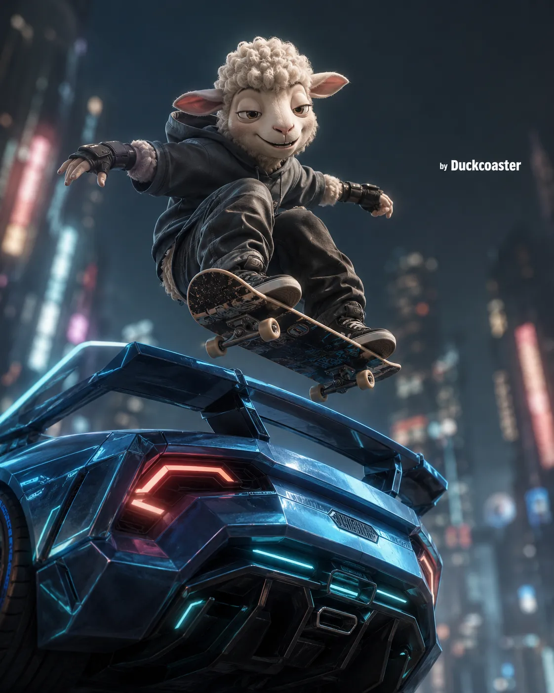 Dall E prompt | Neon Airborne, Cyberpunk Sheep Skater