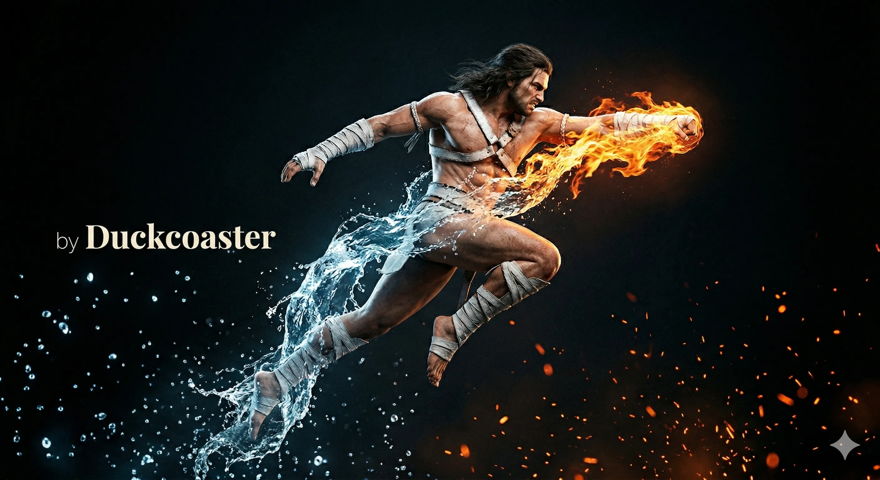 Nano Banana 2 prompt | Tribal warrior suspended in mid-air in a powerful combat freeze-frame. The warrior wears minimal battle attire: white leather straps wrapping hands, forearms, and chest, with a bare torso, no shirt, no sleeves, and no shoes.