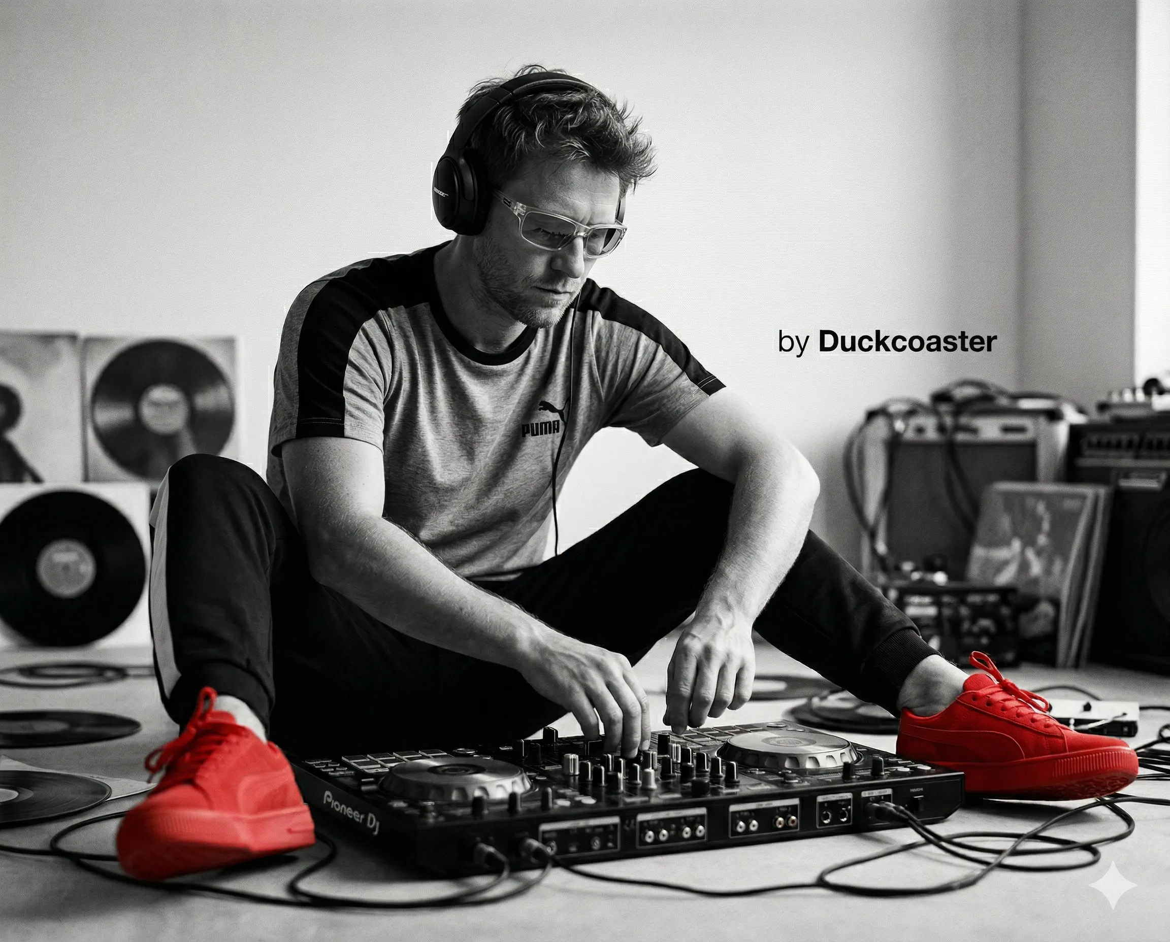 Nano Banana 2 prompt | A close-up of a DJ young man, black and white scene. Unfurnished bedroom, seated at a DJ console, seated directly on the floor.