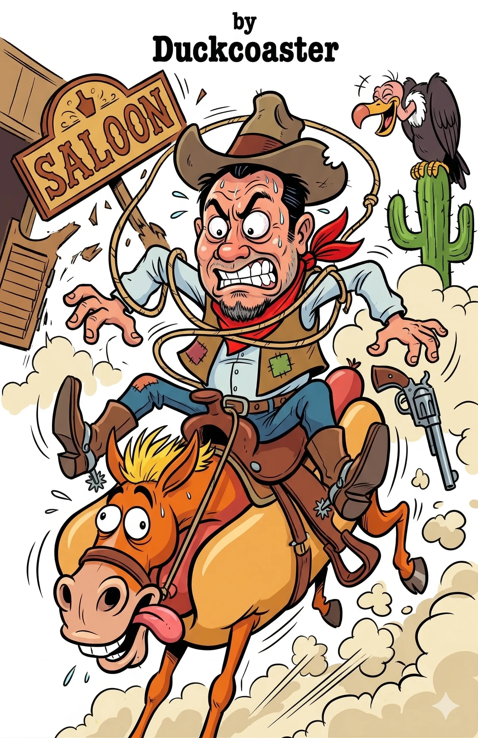Nano Banana 2 prompt | An exaggerated cartoon illustration in a Lucky Luke-esque comic style.