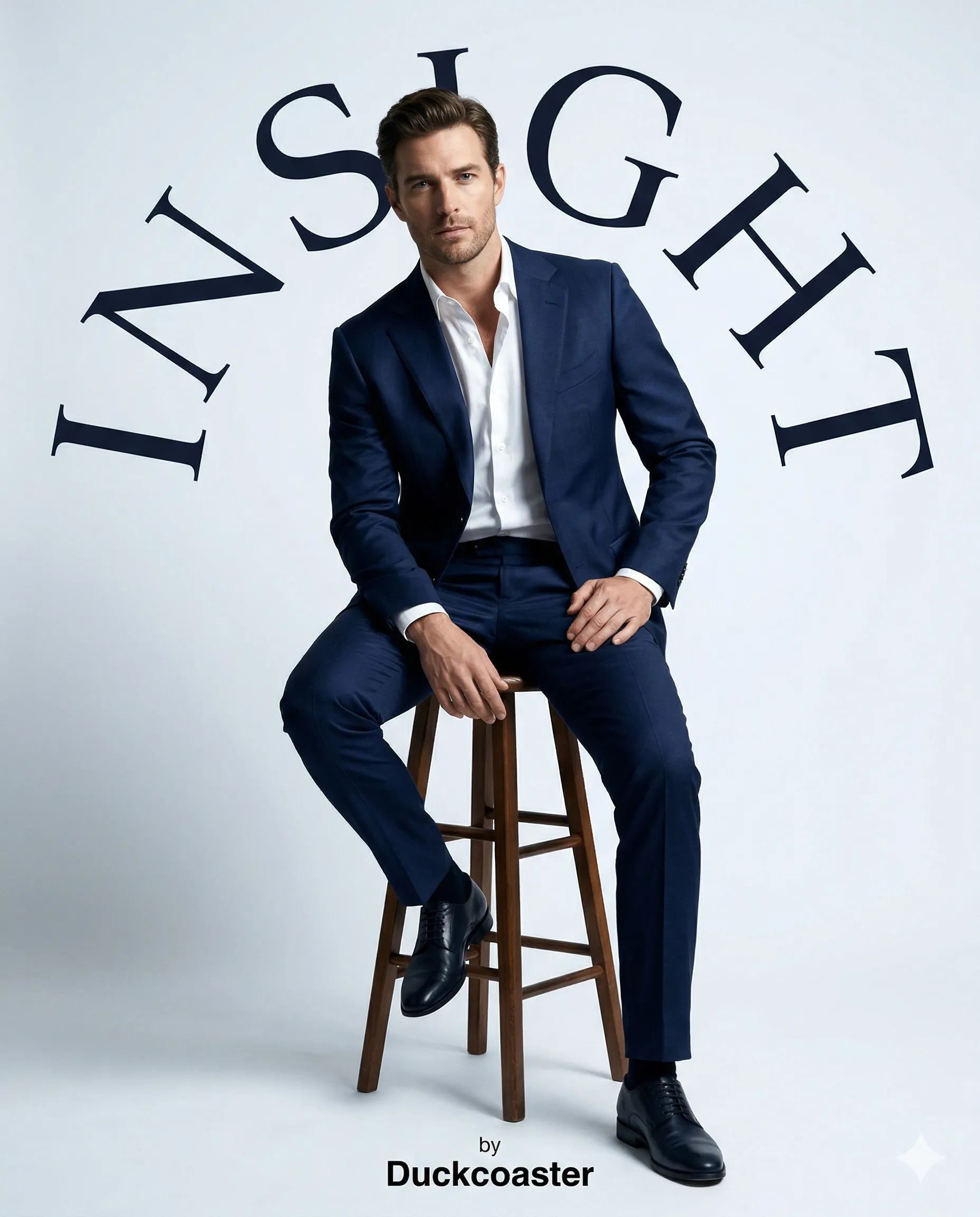 Nano Banana 2 prompt | Editorial-level fashion image suitable for a luxury magazine cover, a male model sits on a tall wooden stool in a minimalist studio setting.