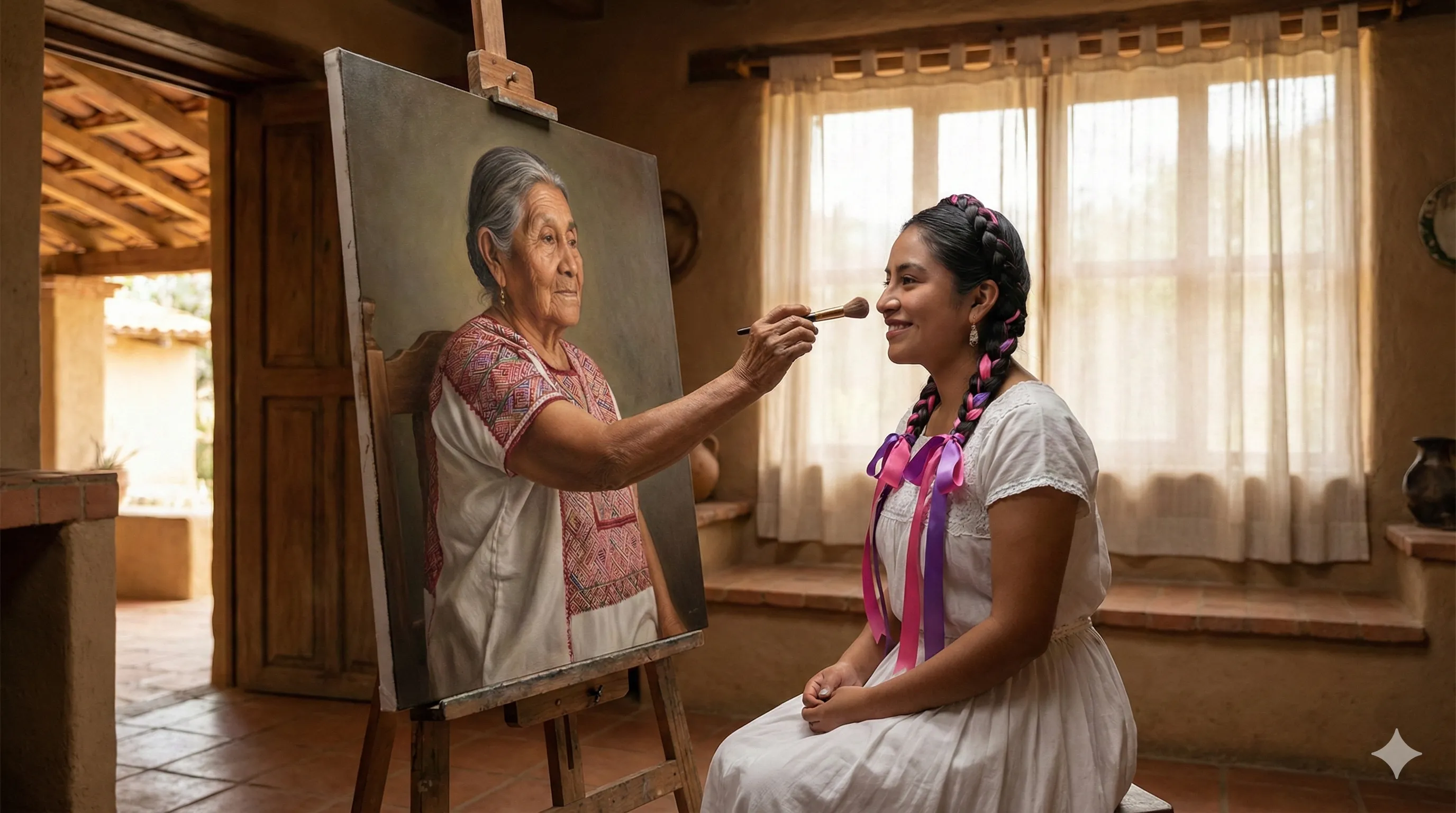 Nano Banana 2 prompt | Caballete de madera artesanal, una pintura de una mujer viste un huipil oaxaqueño finamente tejido, elegante y discreto, con bordados sutiles y textura artesanal visible.