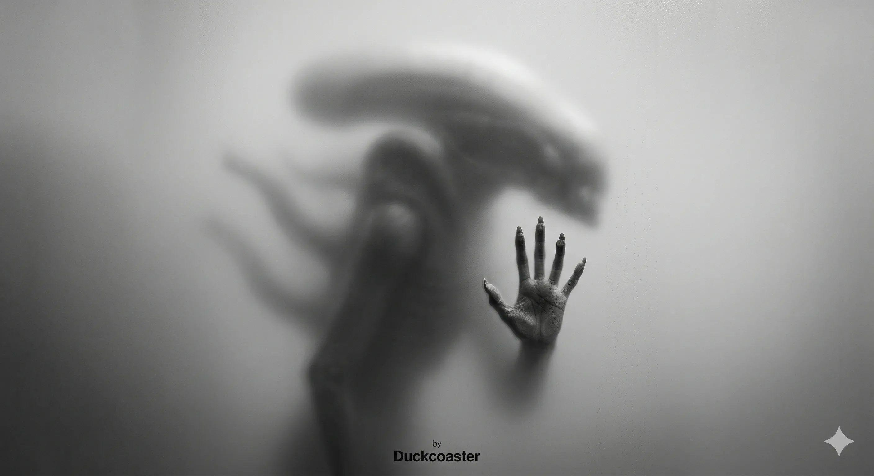 Nano Banana 2 prompt | A black and white photograph captures the soft, blurred silhouette of a Xenomorph behind a frosted or translucent surface.