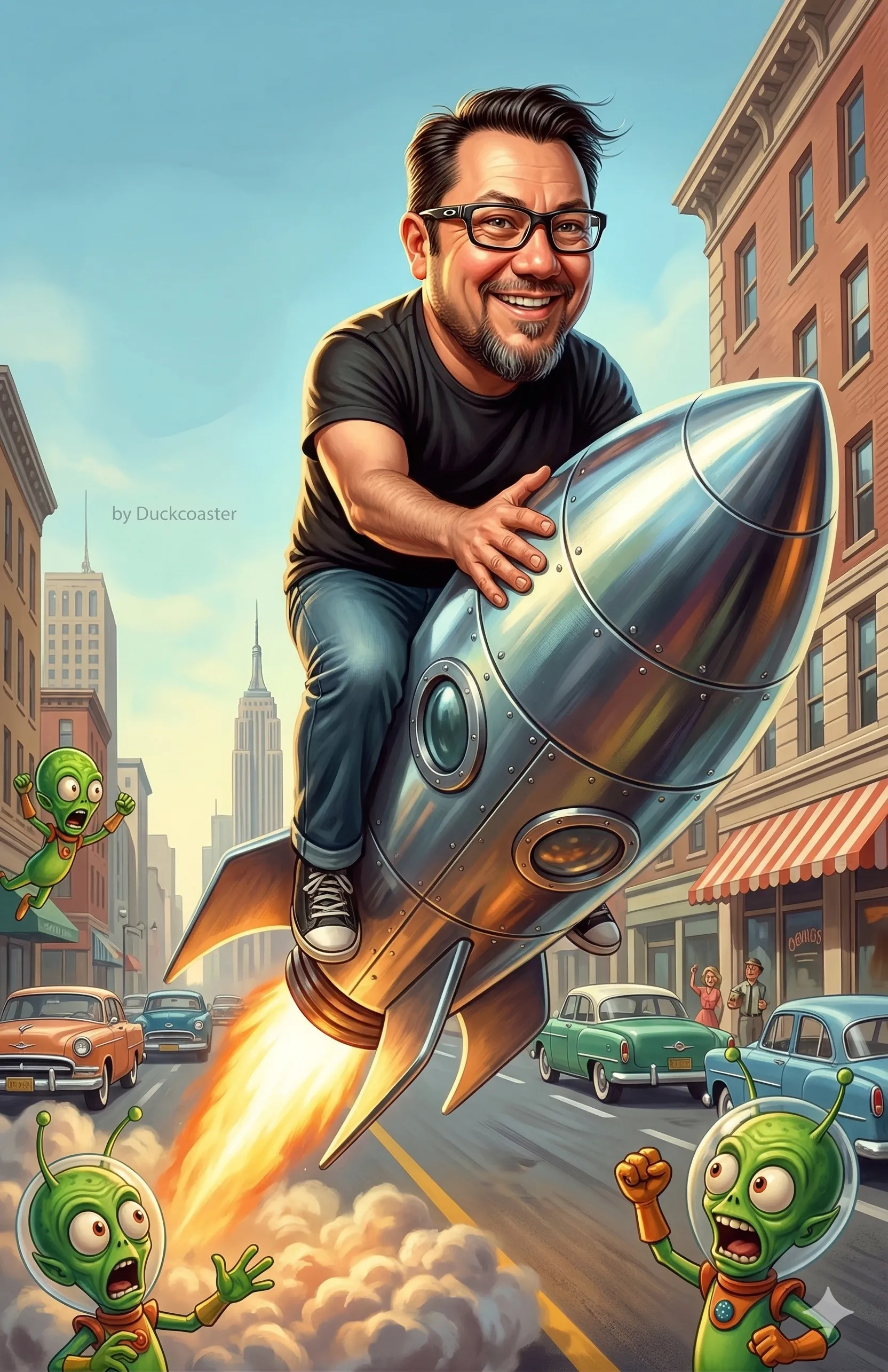 Nano Banana 2 prompt | Retro Sci-Fi Rocket Ride with Playful Martians.