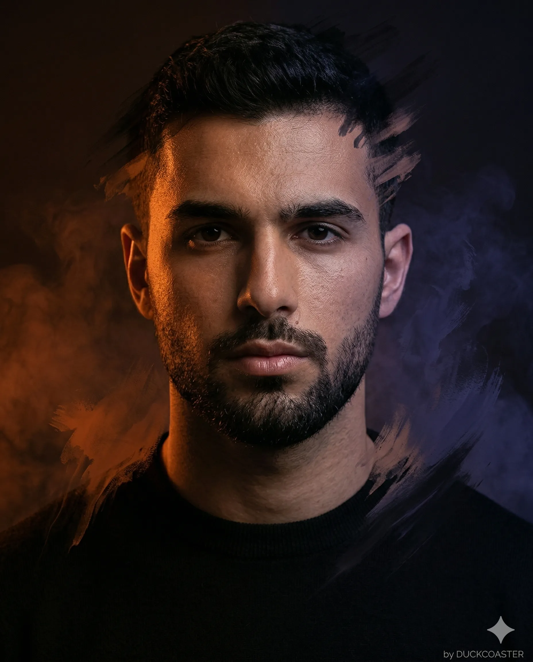 Nano Banana 2 prompt | Split-Light Cinematic Portrait with Abstract Paint Flow