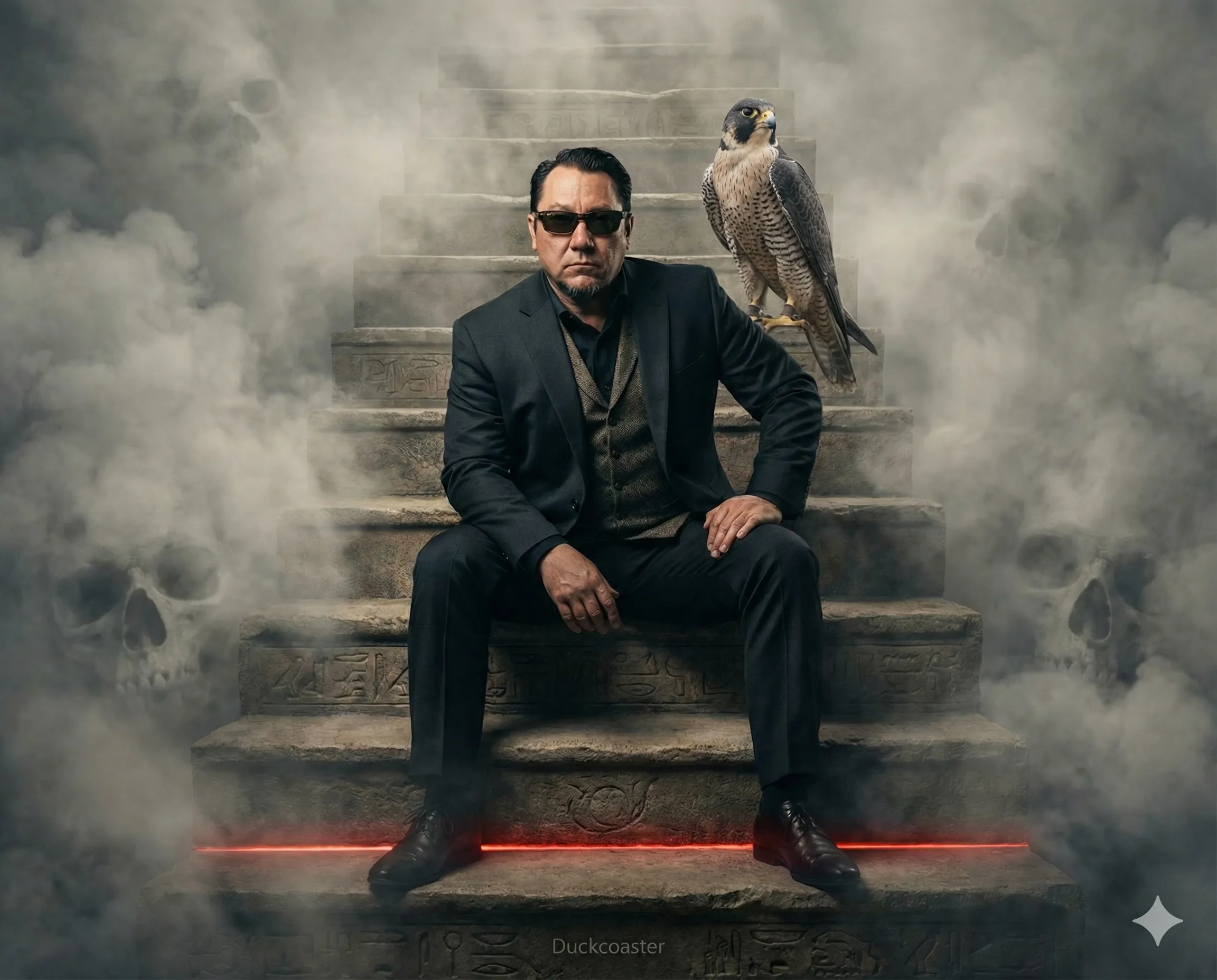 Nano Banana 2 prompt | Regal Male character on a Floating Staircase with Falcon.