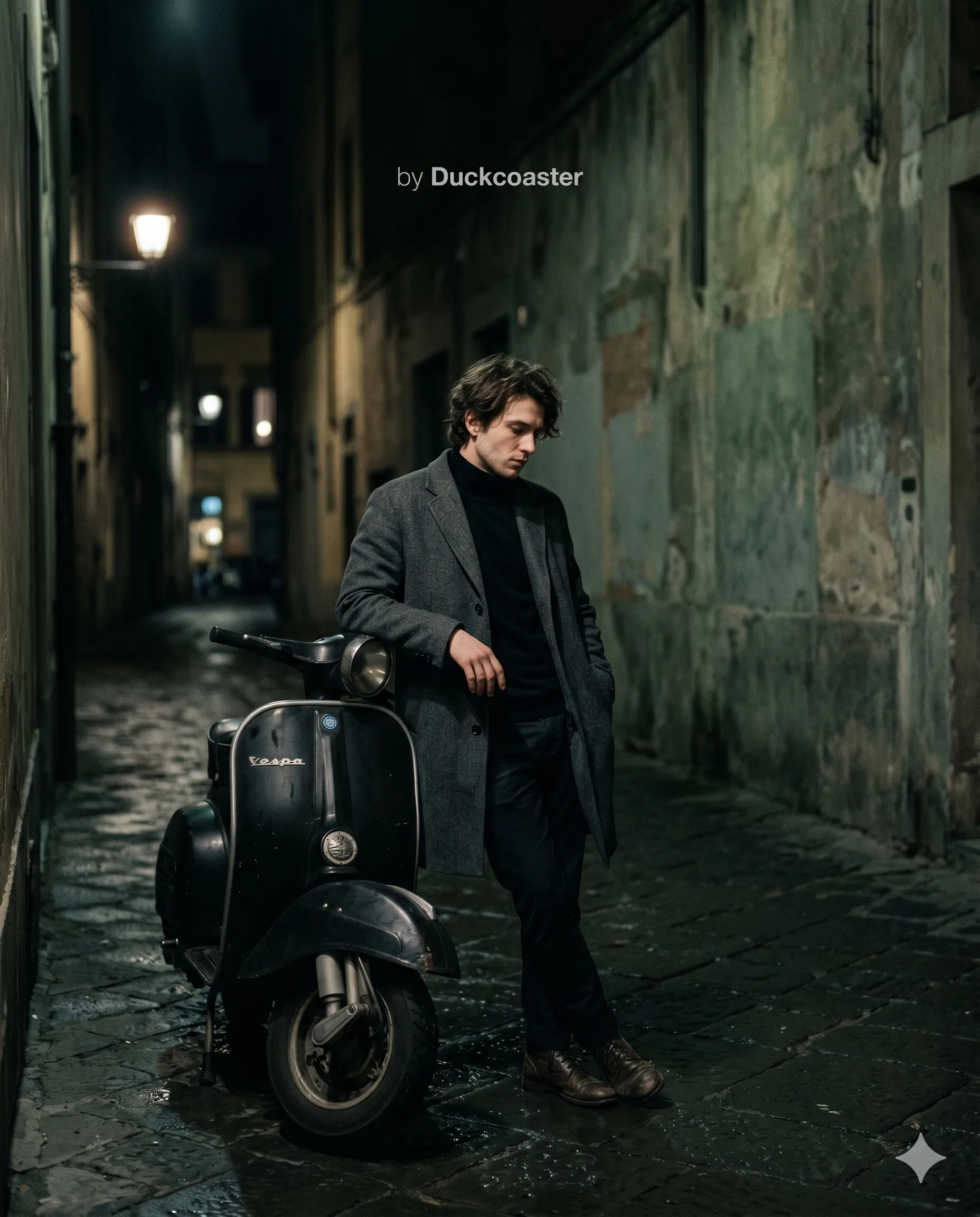 Nano Banana 2 prompt | Melancholic Vespa Night Portrait