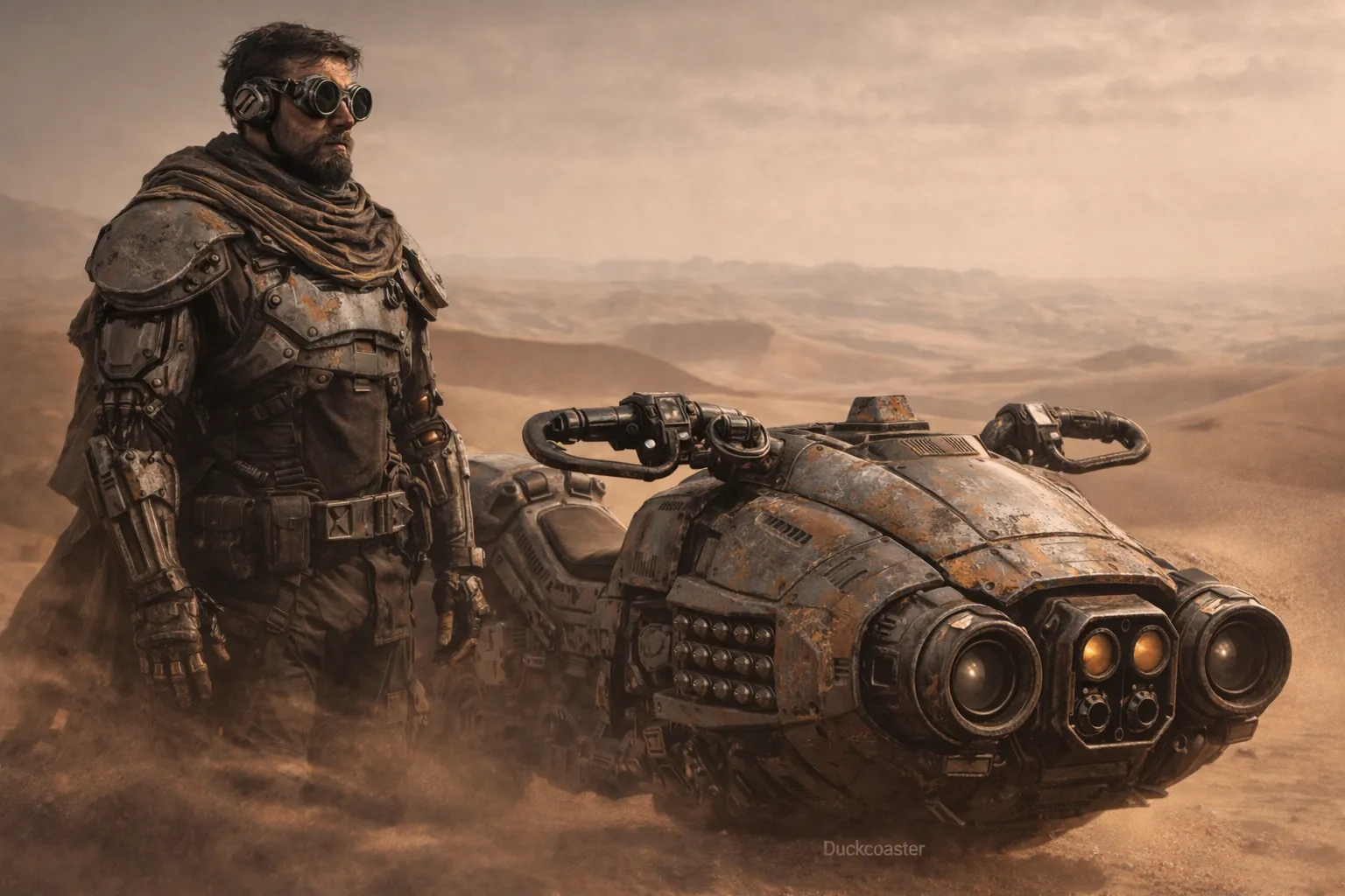 Dall E prompt | Futuristic Desert Warrior with Combat Hoverbike.