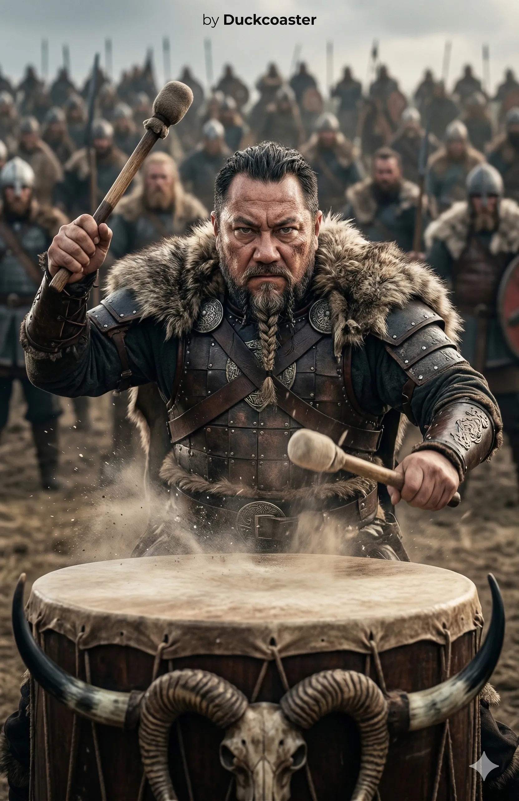 Nano Banana 2 prompt | A Nordic warrior drummer in a decisive, war-heralding moment, with a powerful determined gaze signaling the start of battle.