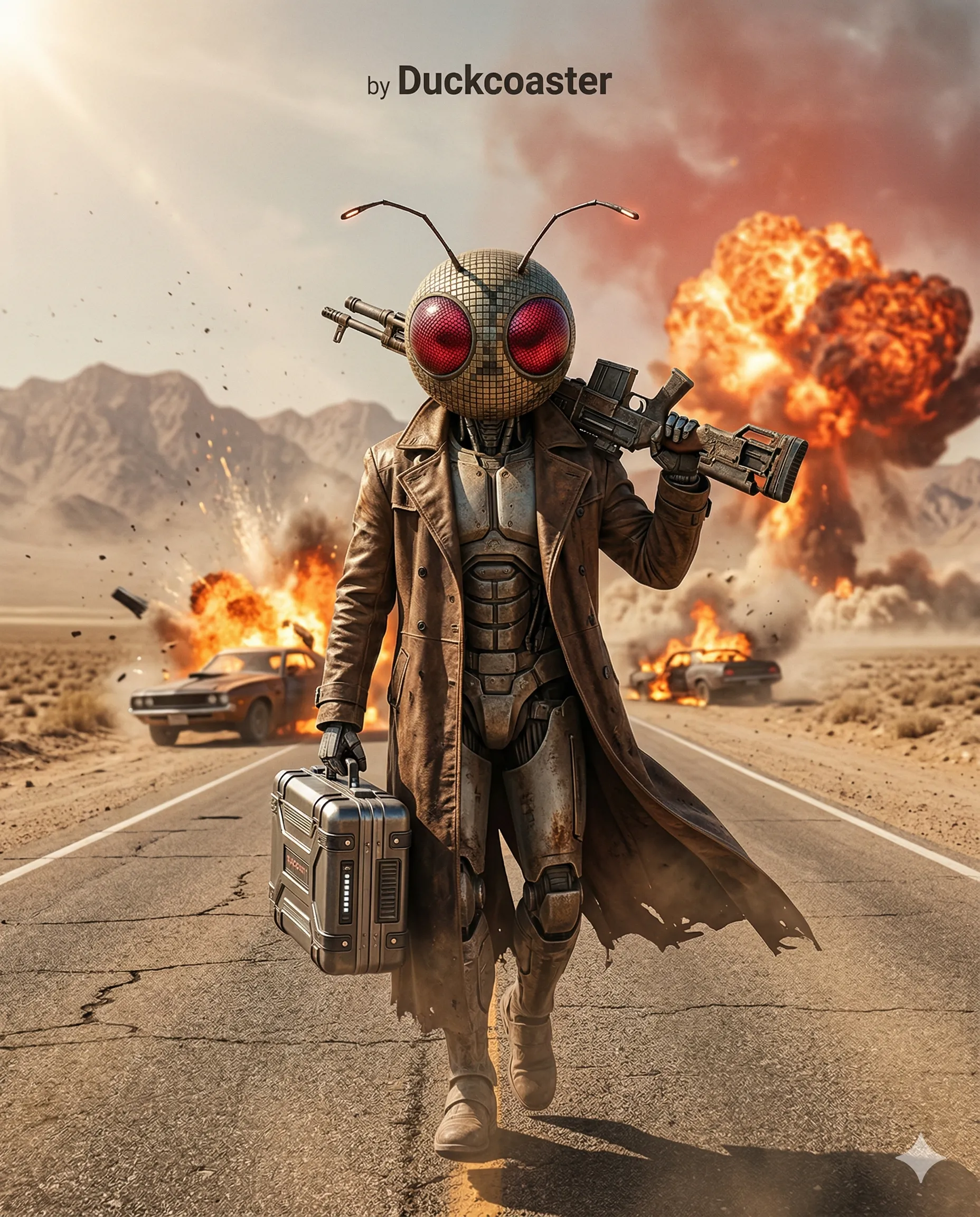 Nano Banana 2 prompt | Post-Apocalyptic Mechanical Warrior in Desert Chaos