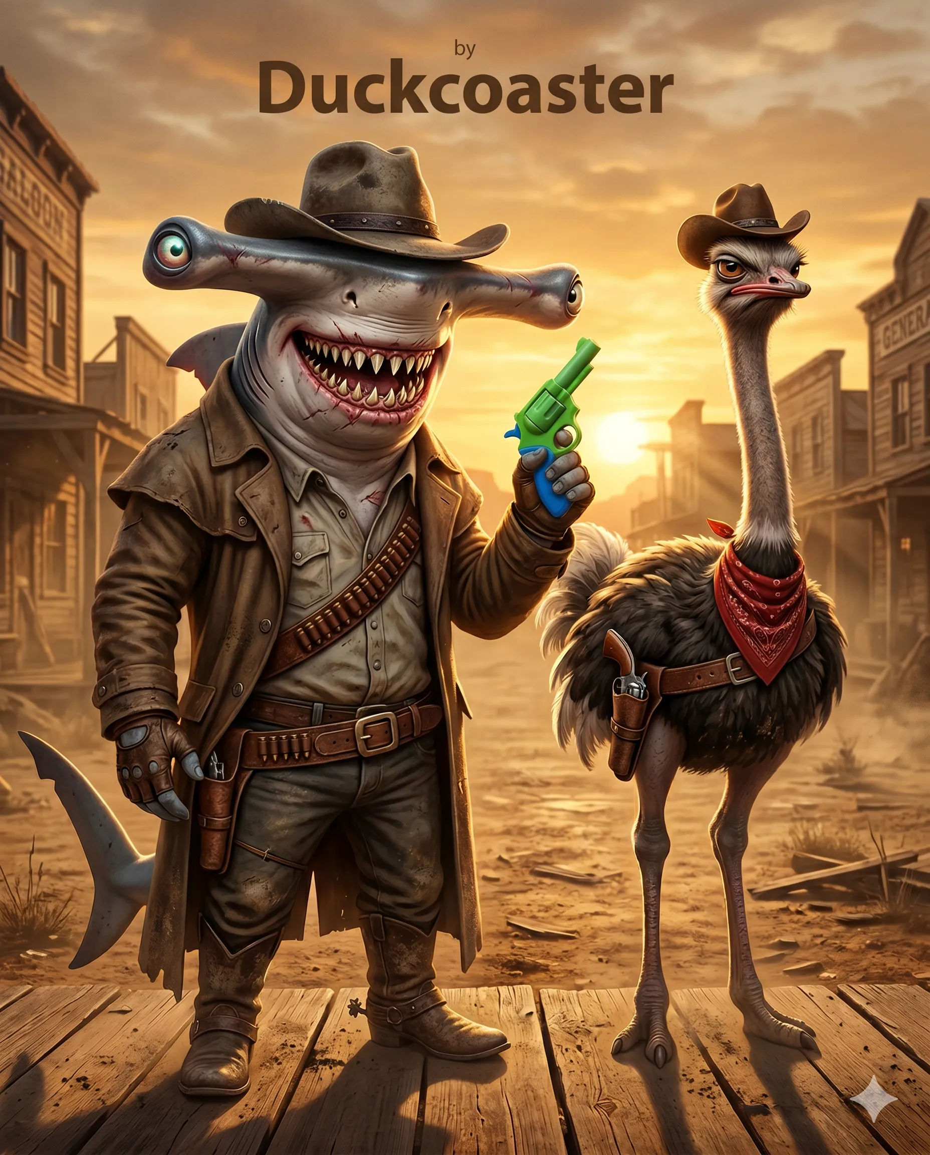 Nano Banana 2 prompt | Hammerhead Shark & Ostrich Outlaw Duo